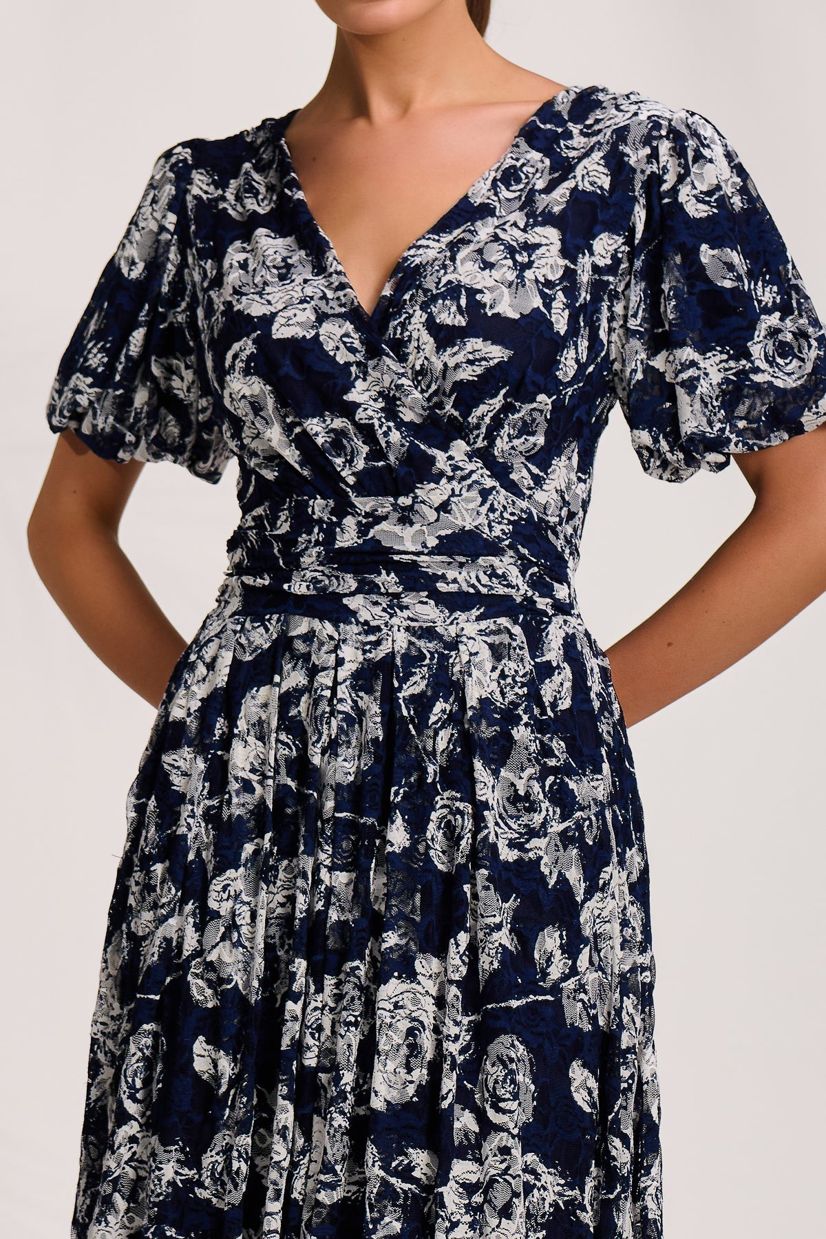 Puff Sleeve Printed Lace Maxi Dress Full Length View