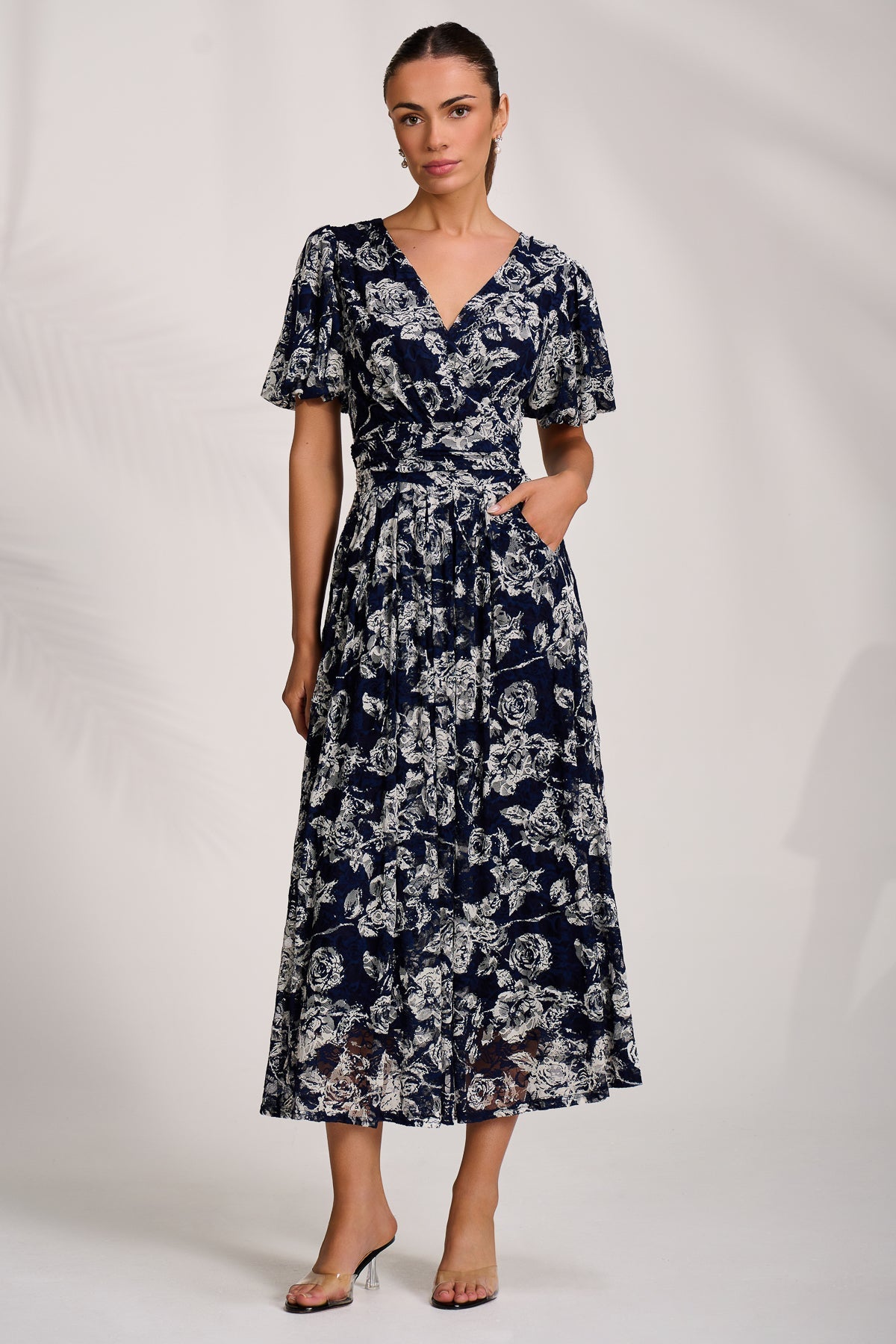 Puff Sleeve Printed Lace Maxi Dress Front View 2