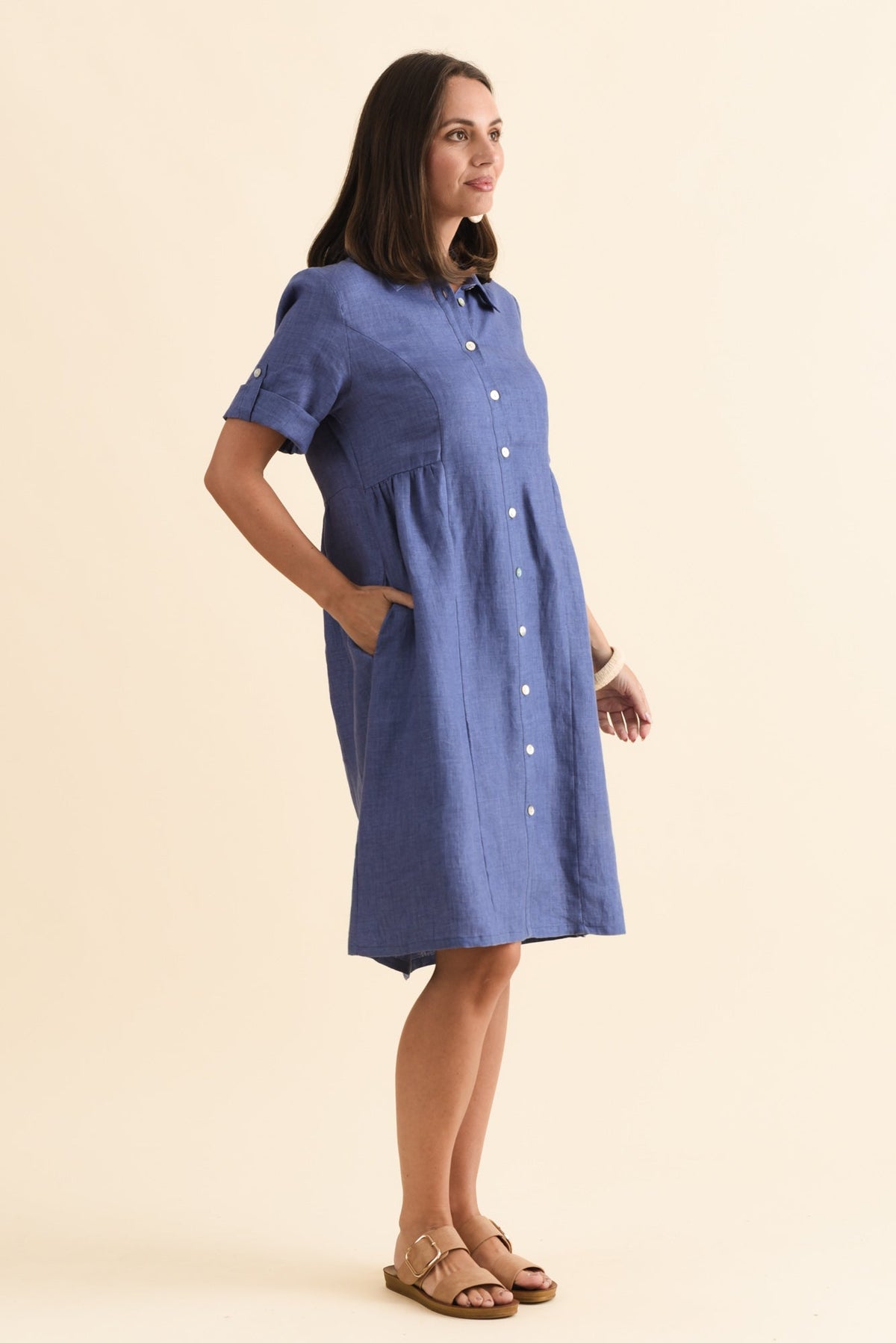 Katy Blue Linen Pocket Dress Side View