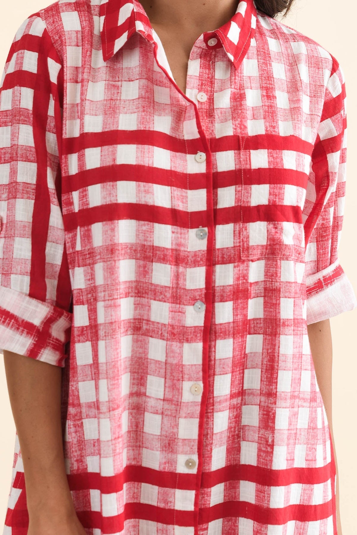 Macaria Red Check Cotton Shirt Dress Detail View