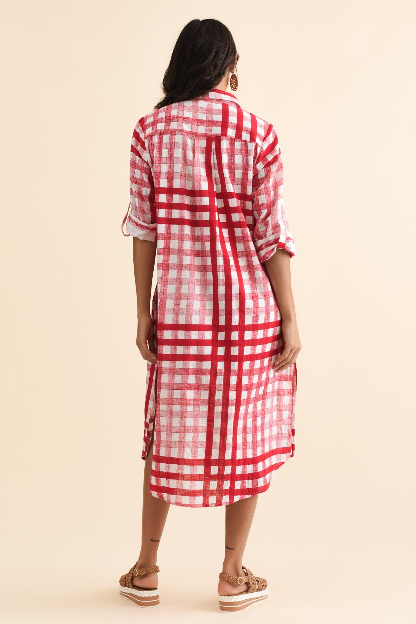 Macaria Red Check Cotton Shirt Dress Side View