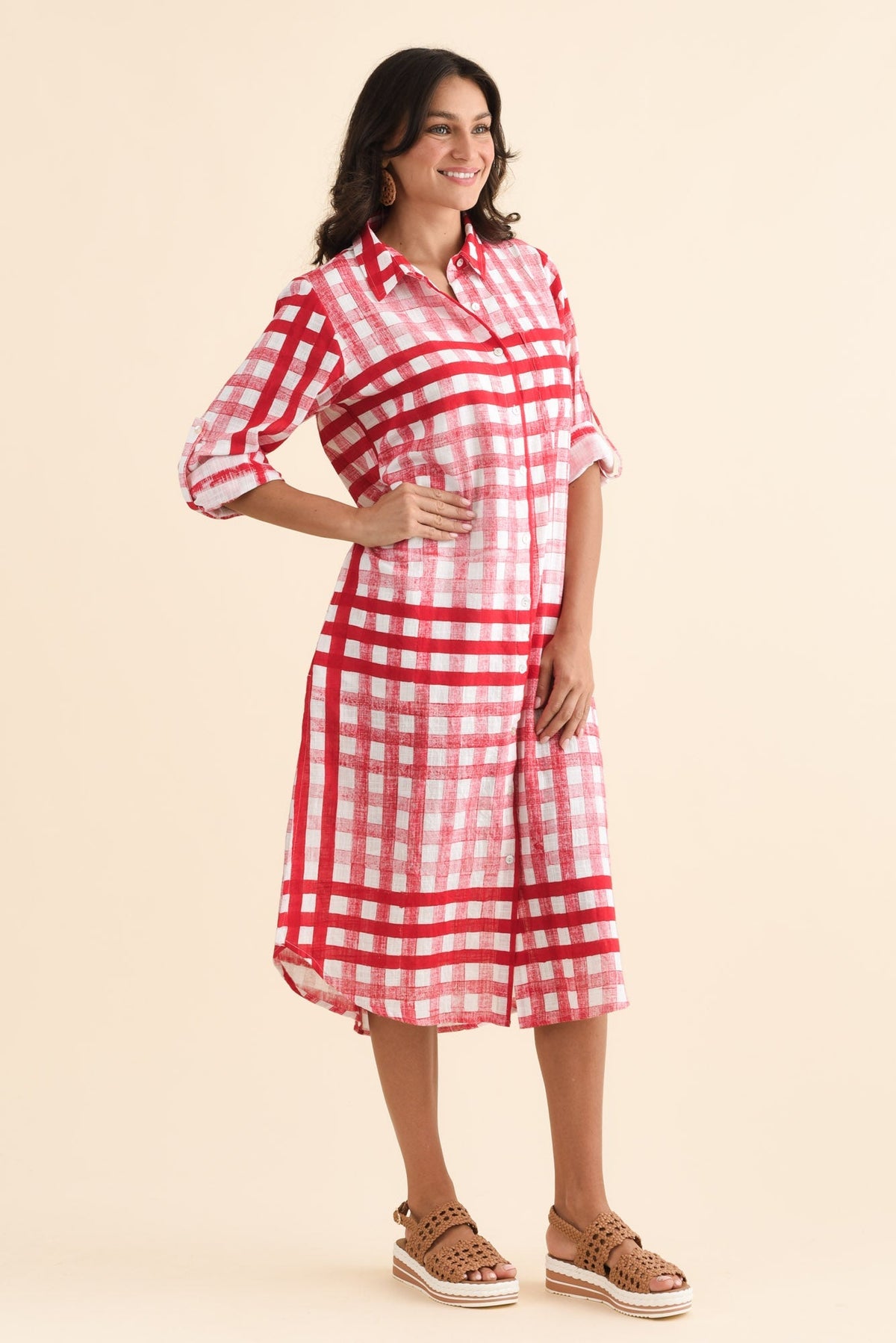Macaria Red Check Cotton Shirt Dress Back View
