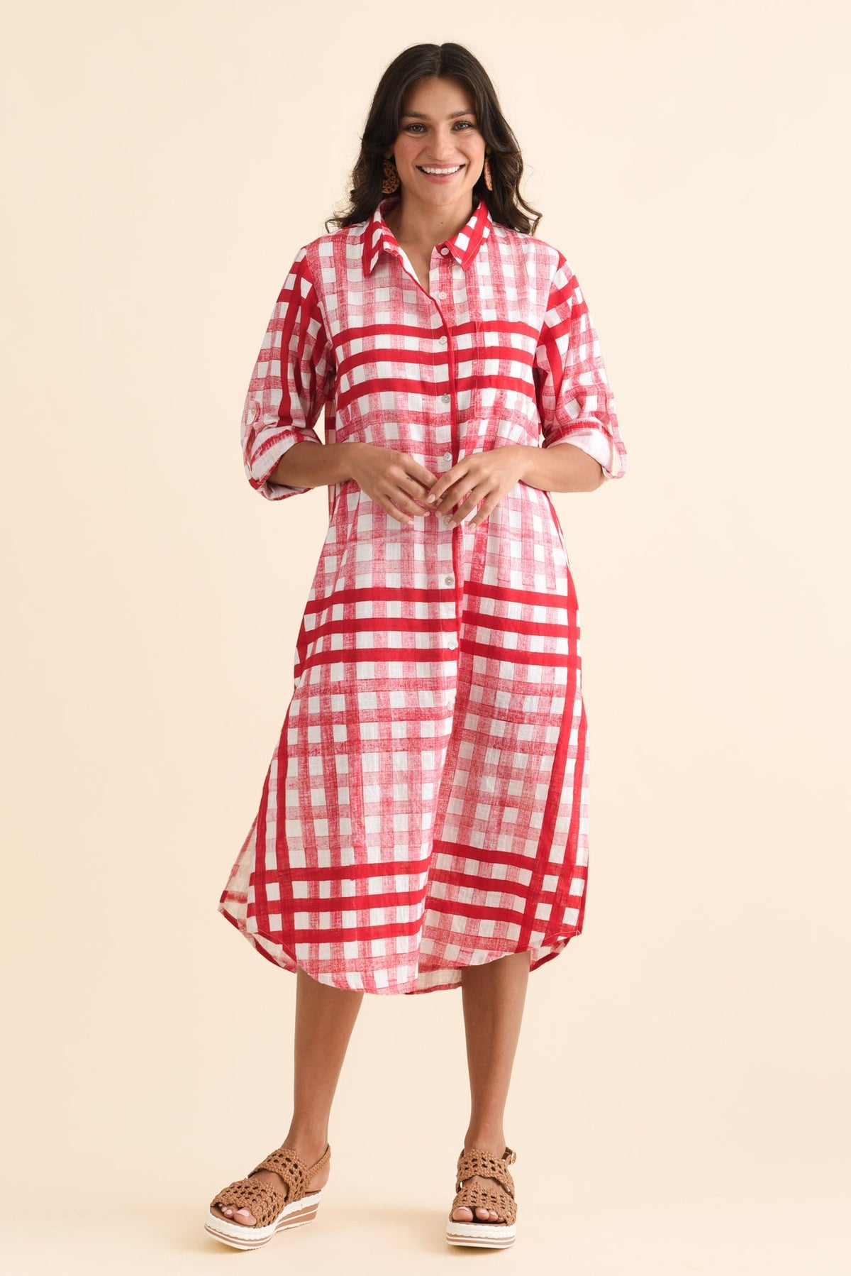 Macaria Red Check Cotton Shirt Dress Front View