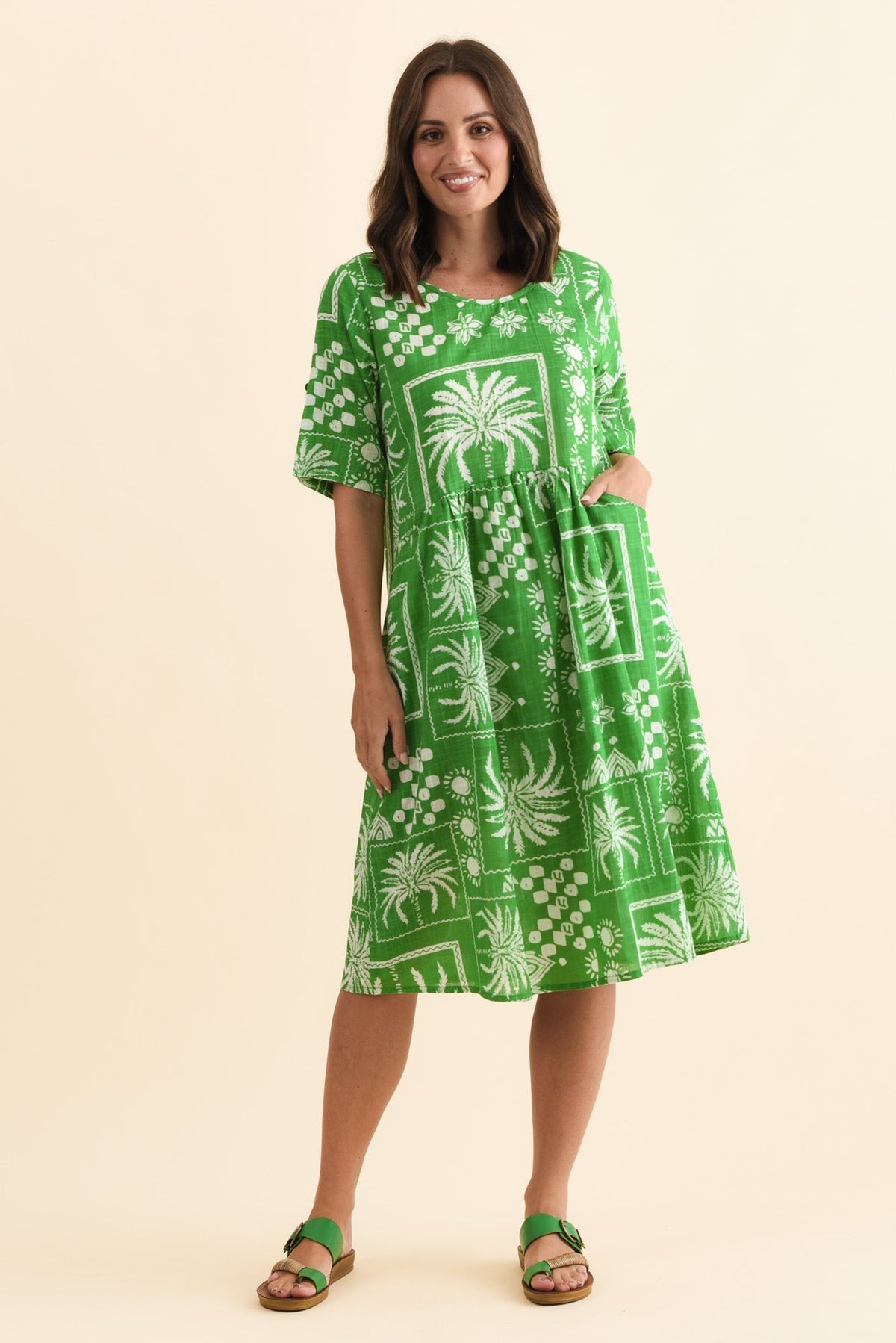 Mackie Green Tile Cotton Pocket Dress Front View