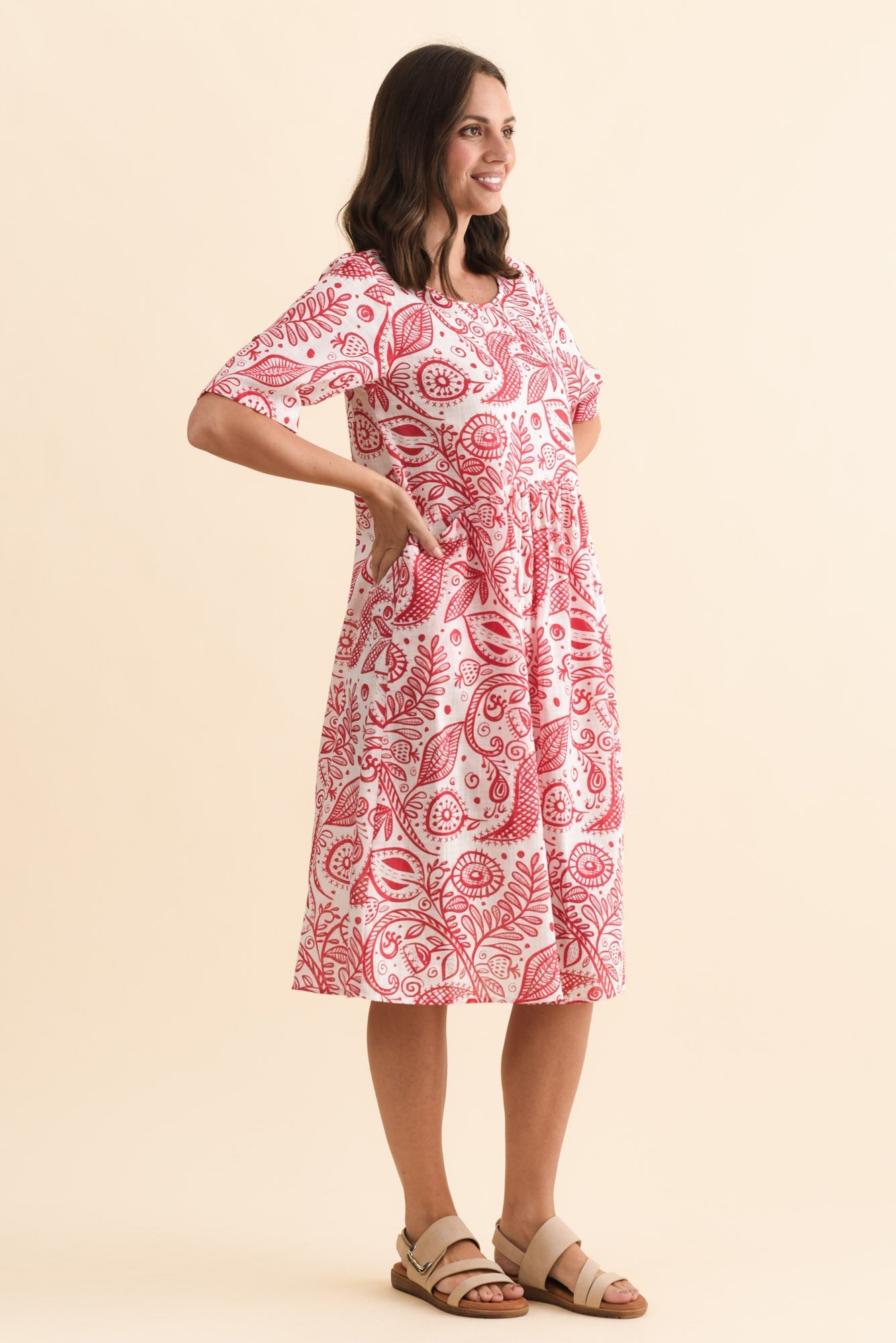 Mackie Red Abstract Cotton Pocket Dress Back View