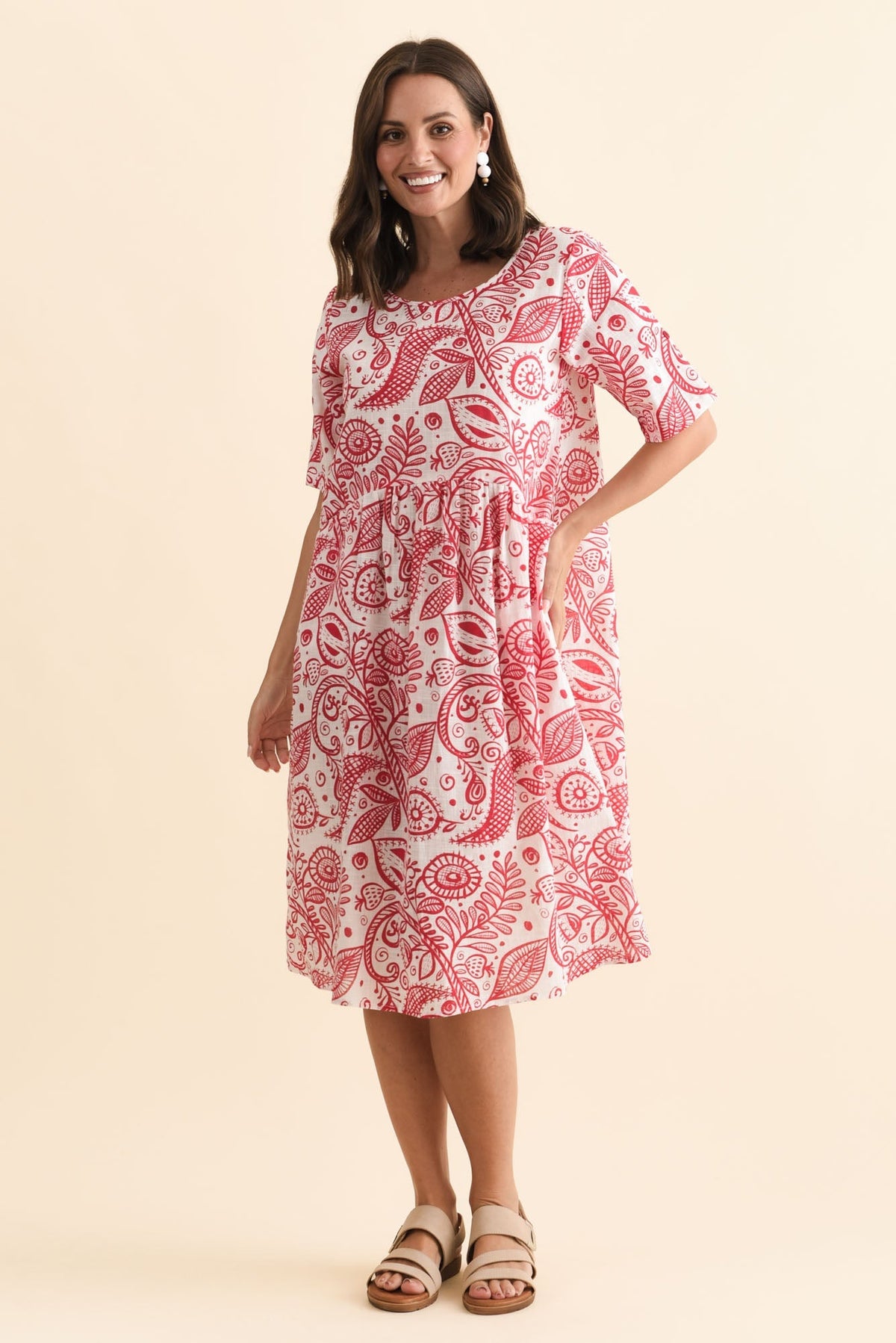 Mackie Red Abstract Cotton Pocket Dress Front View