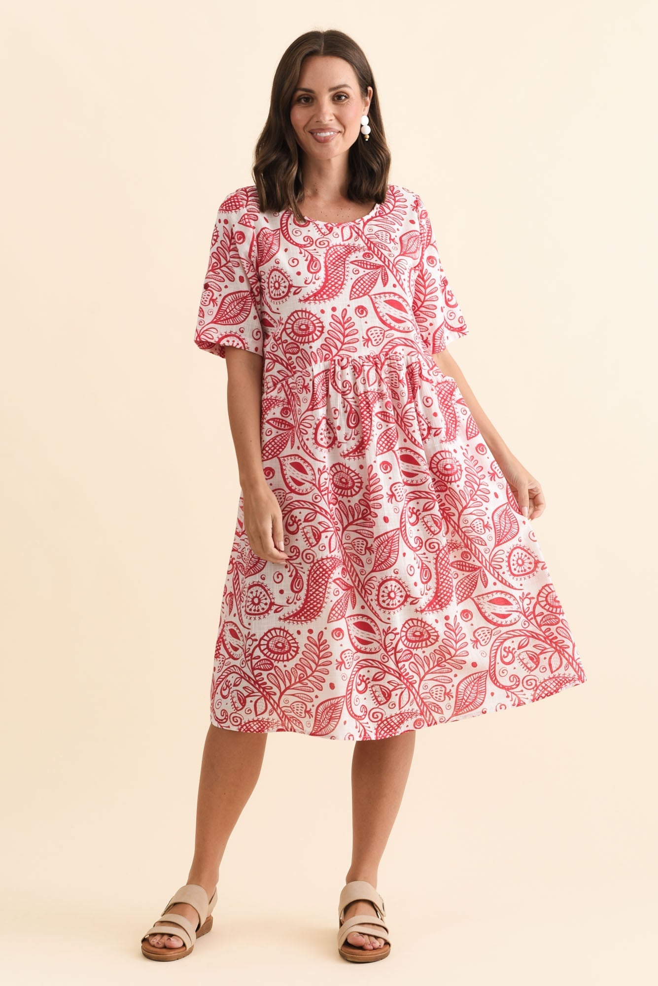 Mackie Red Abstract Cotton Pocket Dress Front View 2