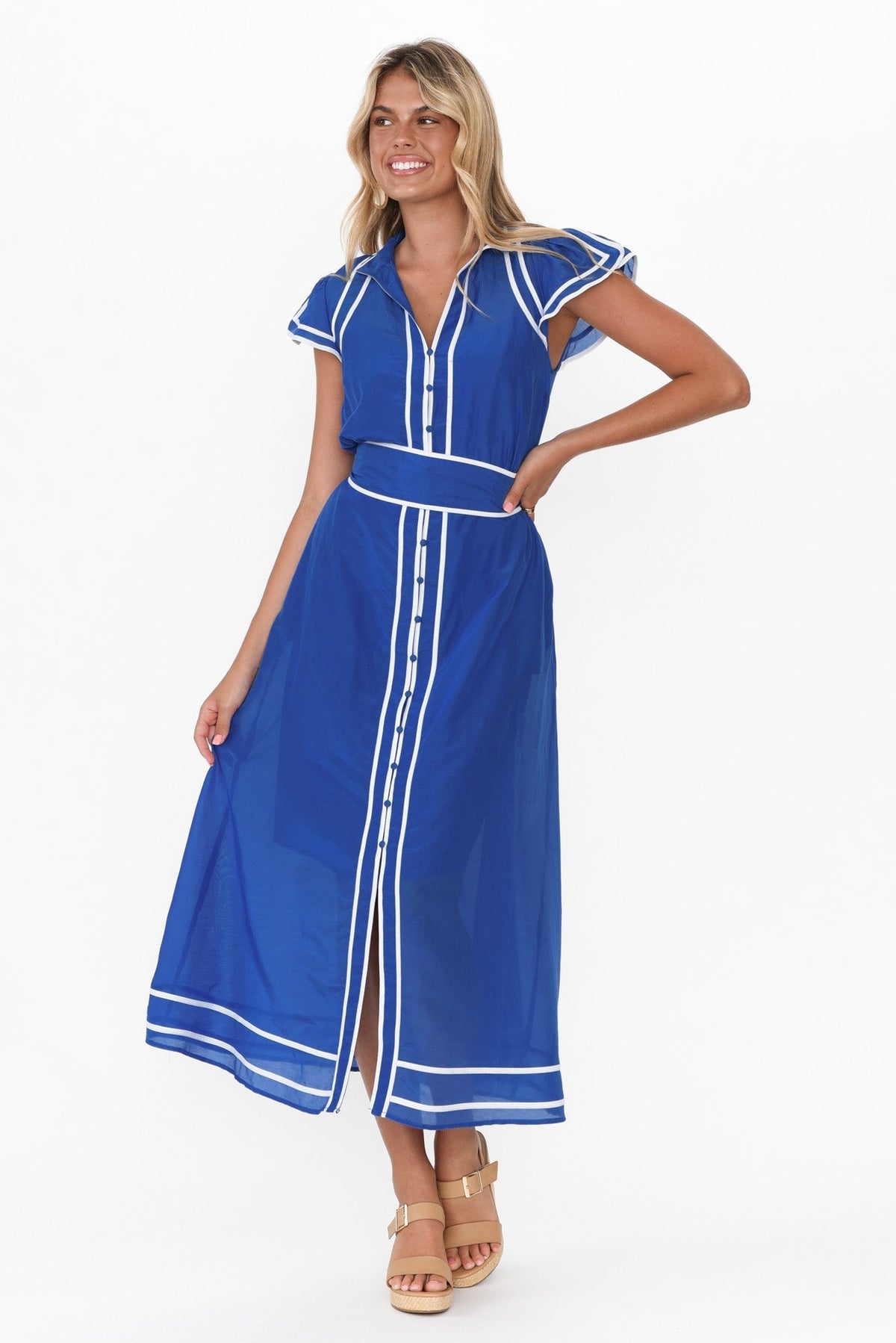 Panama Azure Blue Cotton Maxi Dress Full Length View