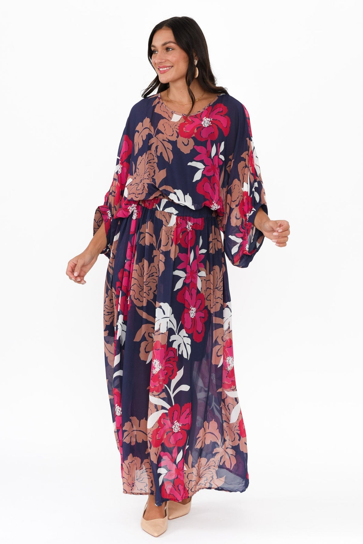 Magnetic Navy Floral Long Sleeve Dress Full Length View