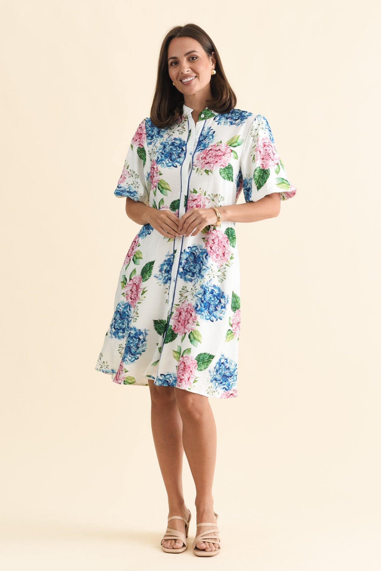 Malia White Flower Linen Cotton Dress Front View