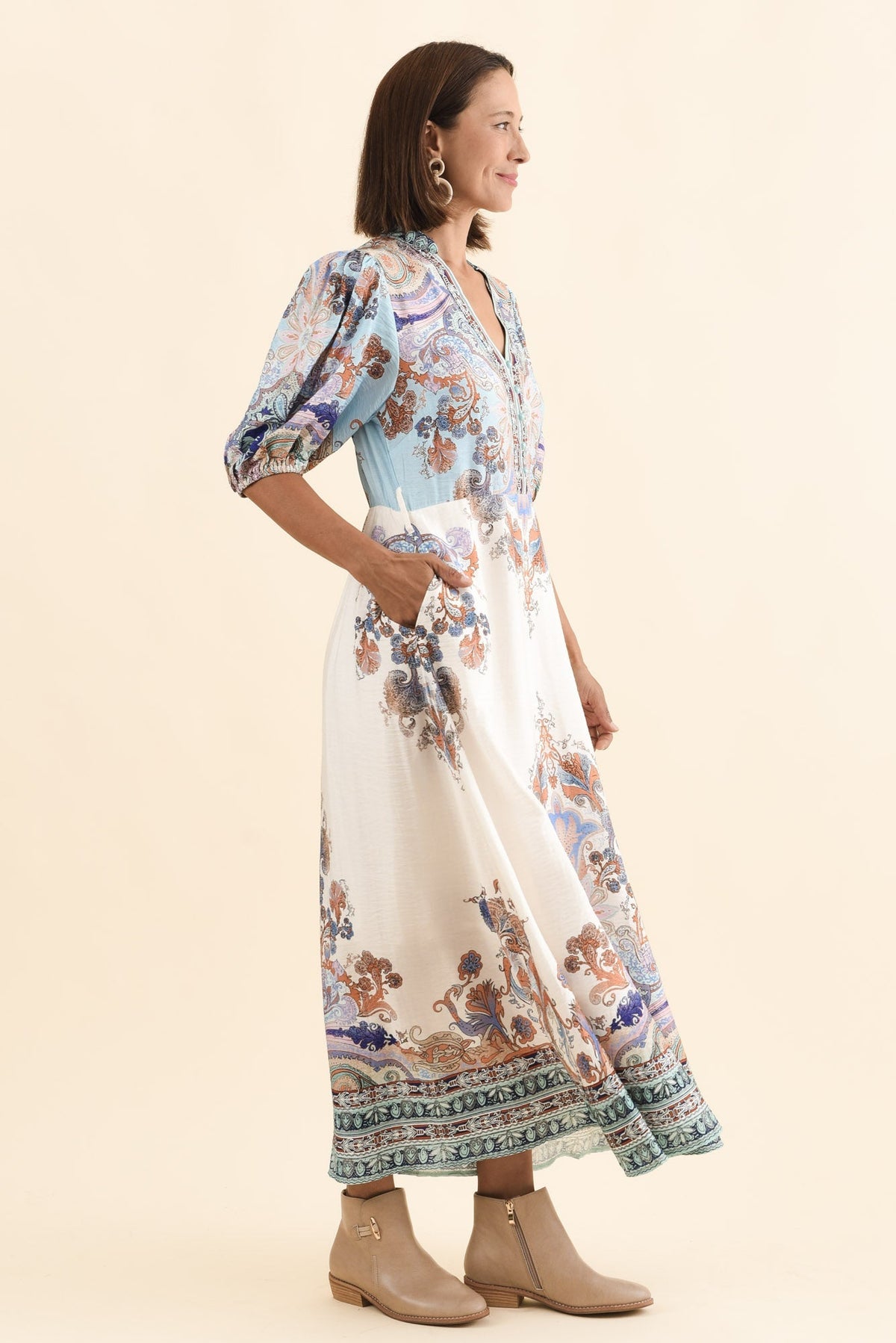 Marchant Blue Mosaic Linen Cotton Dress Back View