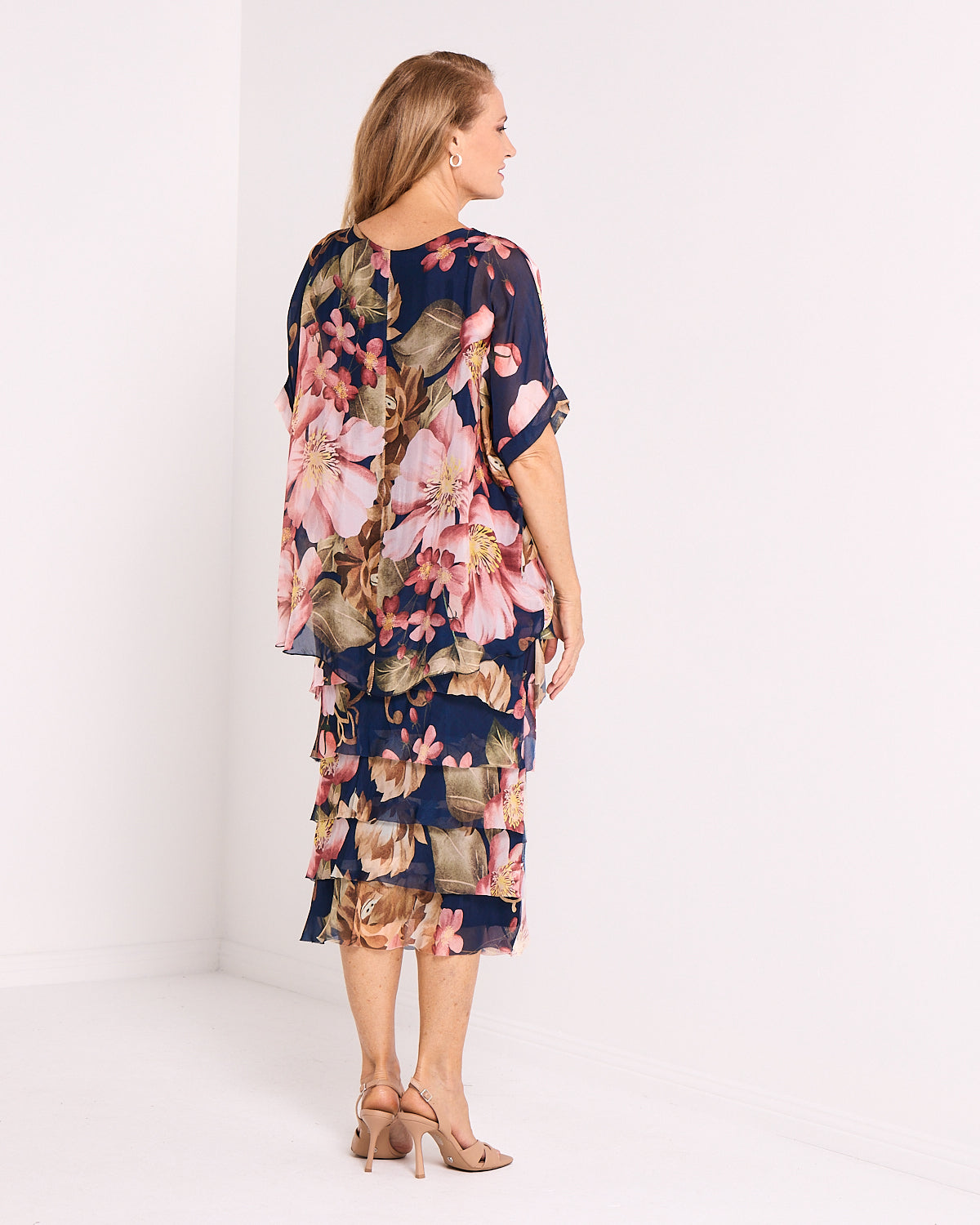 Women's Margo silk blend layered midi dress in Navy Pink Floral
