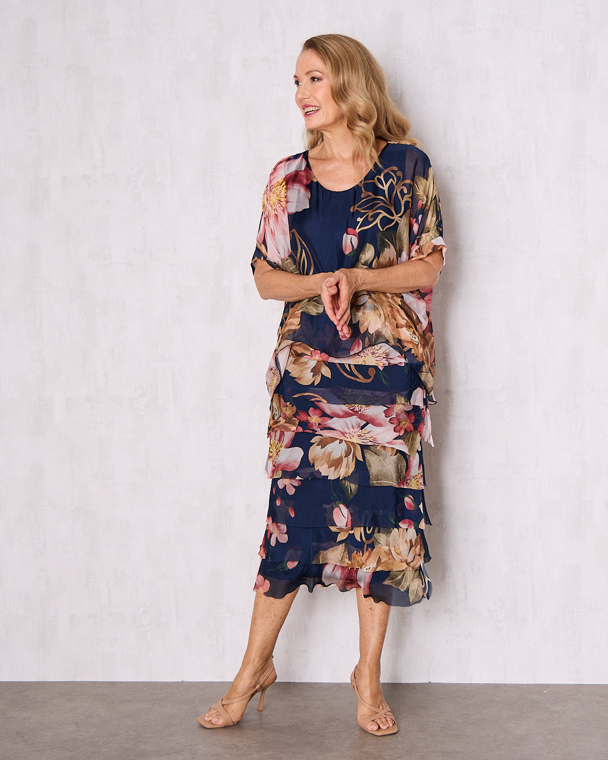 Women's Margo silk blend layered midi dress in Navy Pink Floral