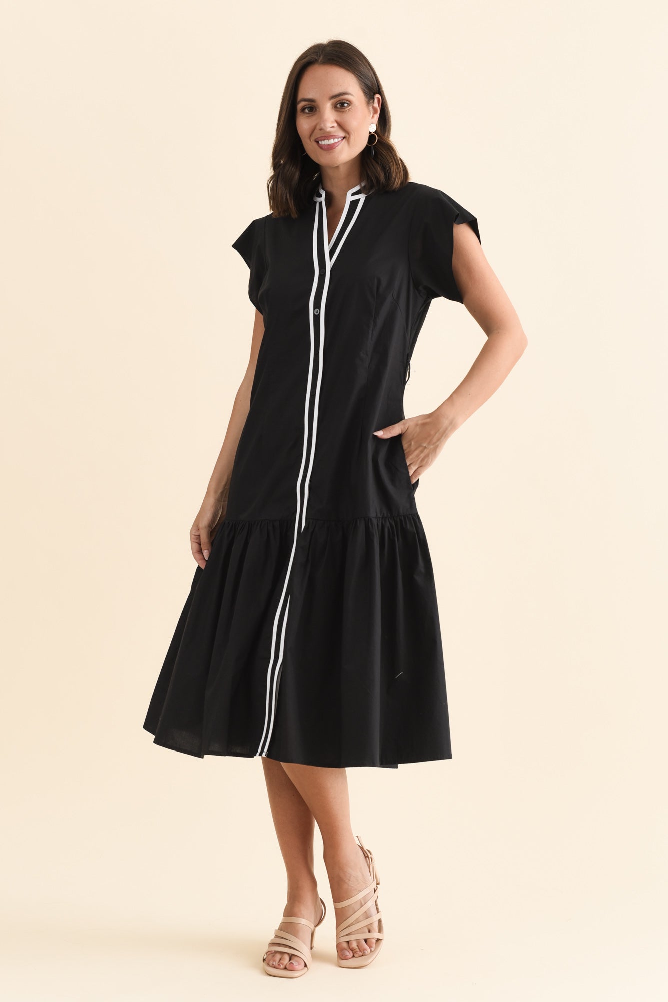 Mari Black Contrast Cotton Tie Dress Full Length View