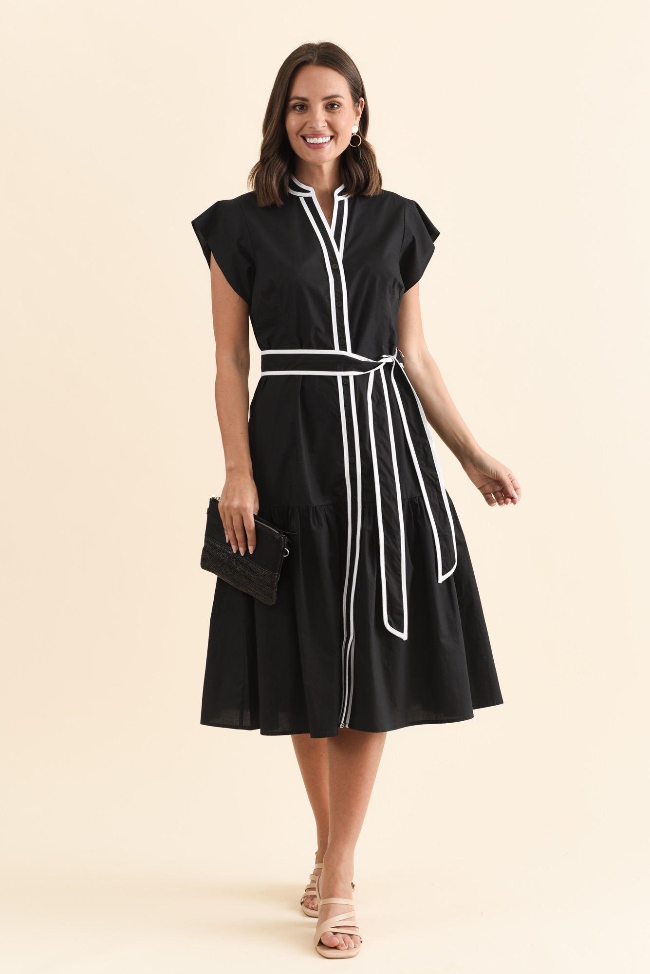 Mari Black Contrast Cotton Tie Dress Front View