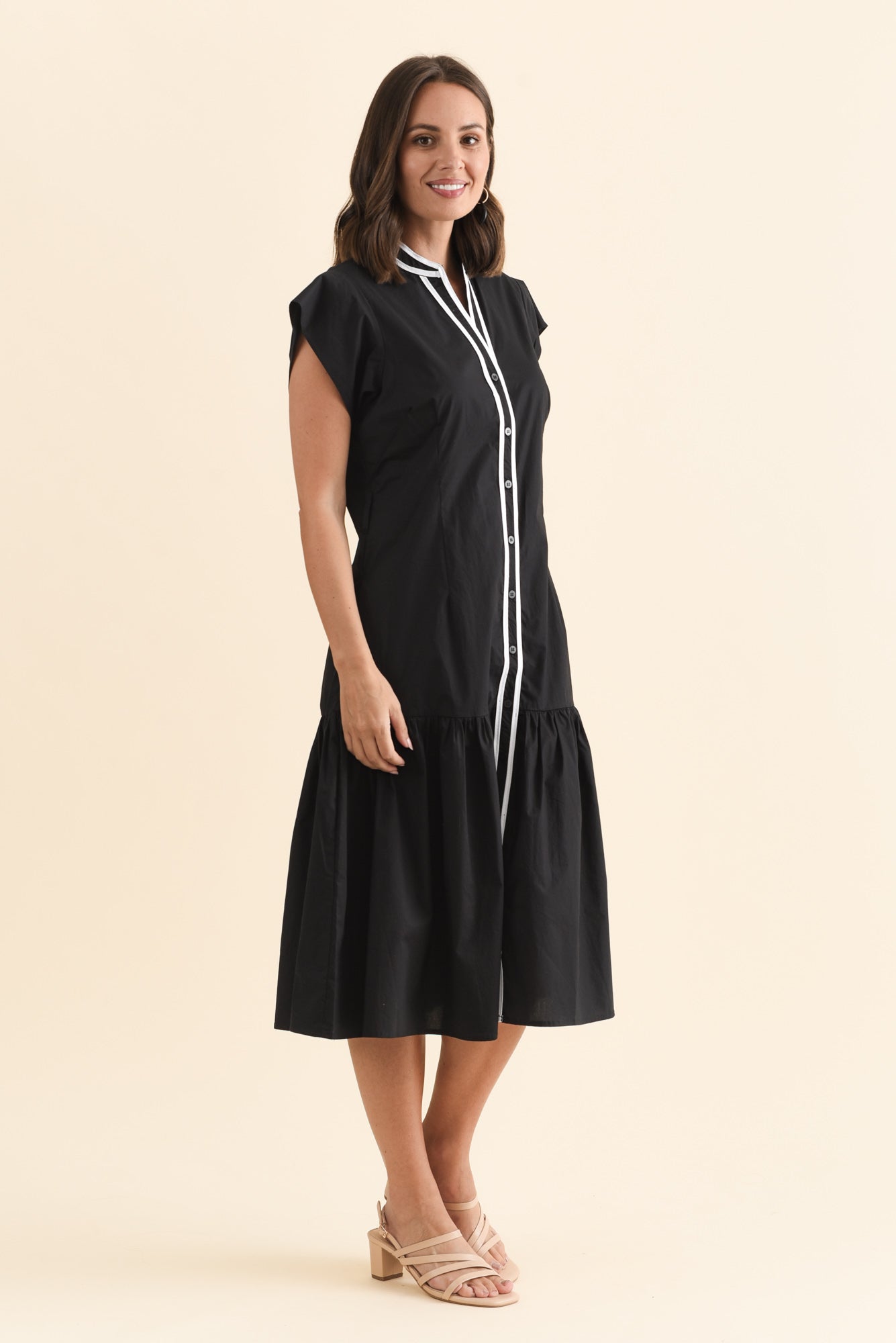 Mari Black Contrast Cotton Tie Dress Back View