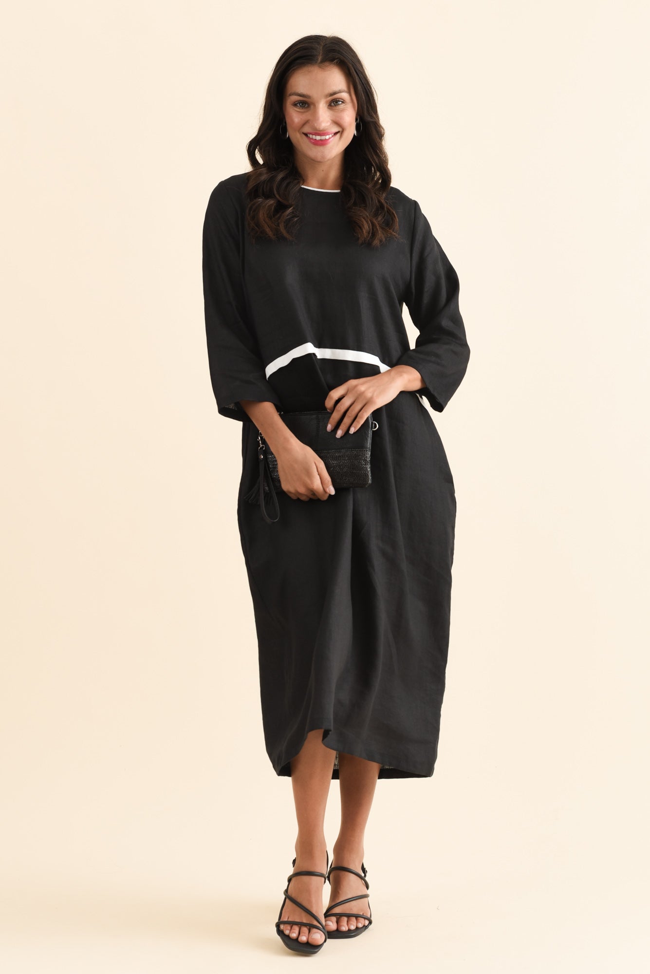 Mariam Black Contrast Linen Dress Front View