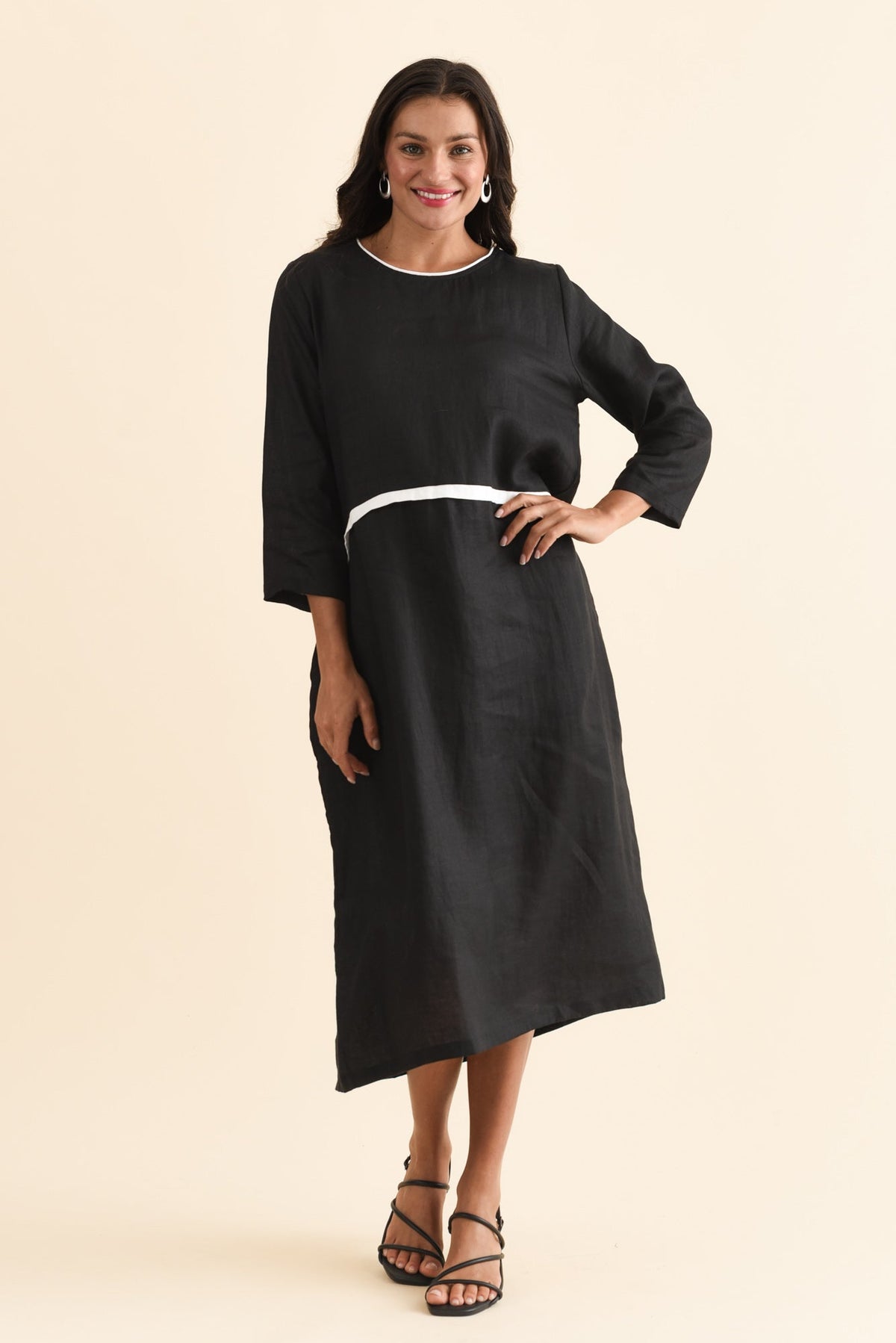 Mariam Black Contrast Linen Dress Back View 2