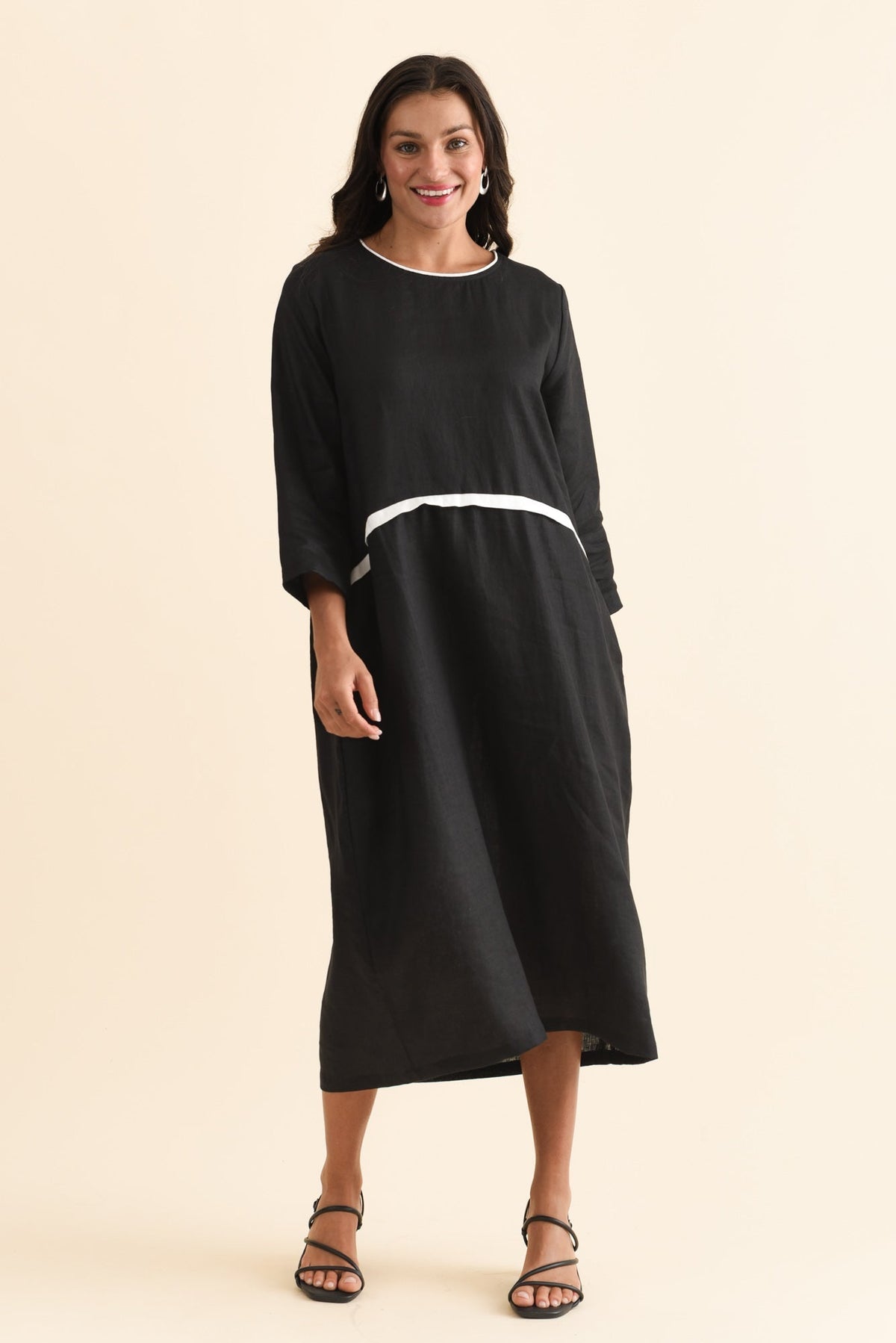 Mariam Black Contrast Linen Dress Back View