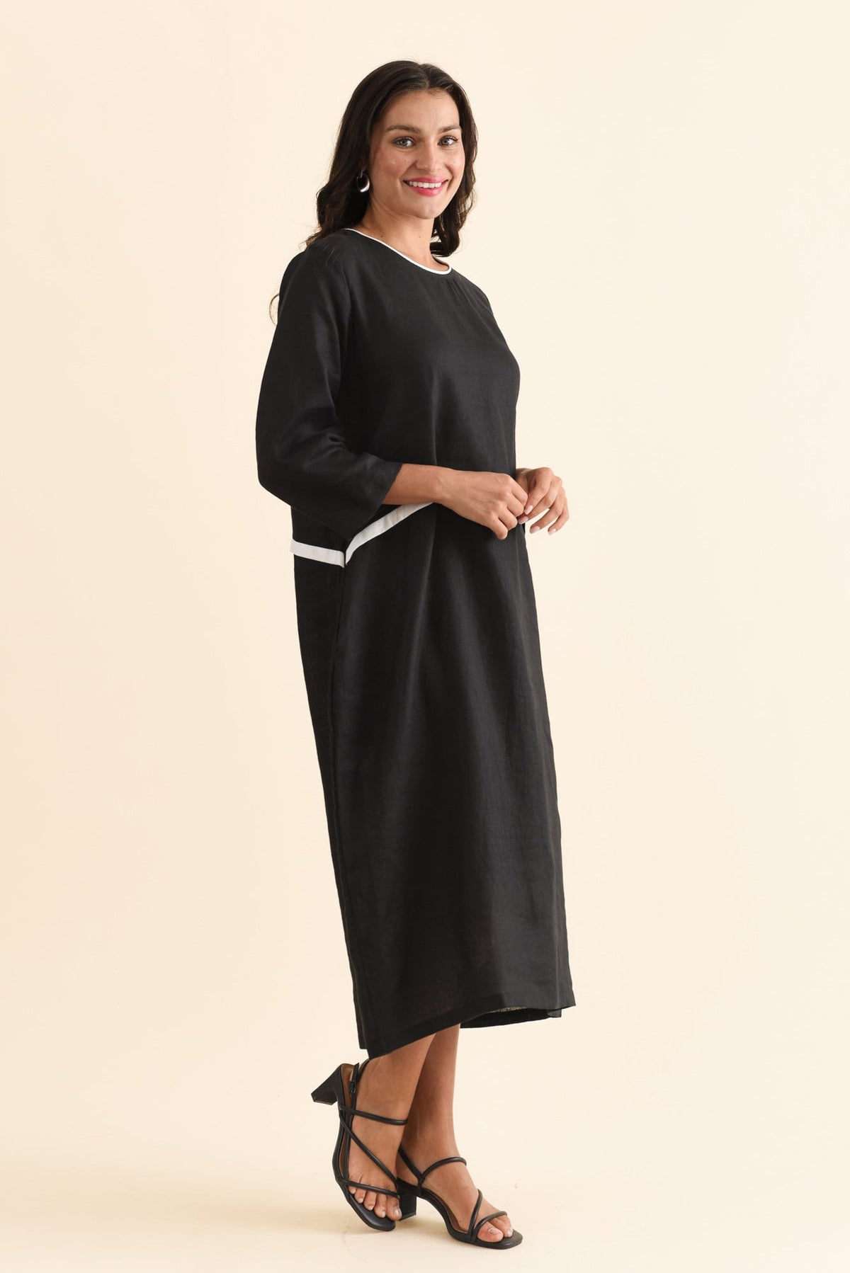 Mariam Black Contrast Linen Dress Side View