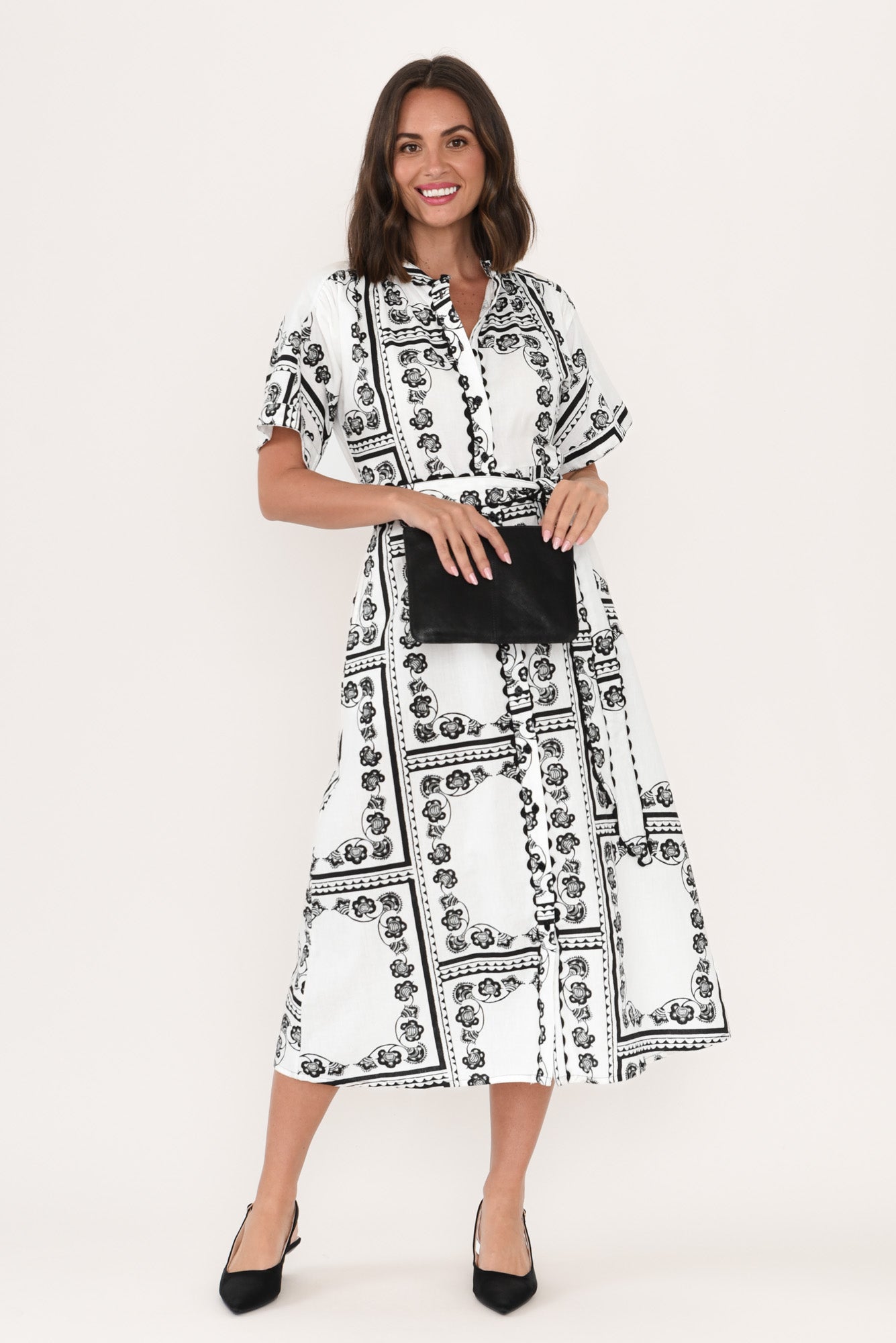 Marilyn White Tile Cotton Tie Dress Front View