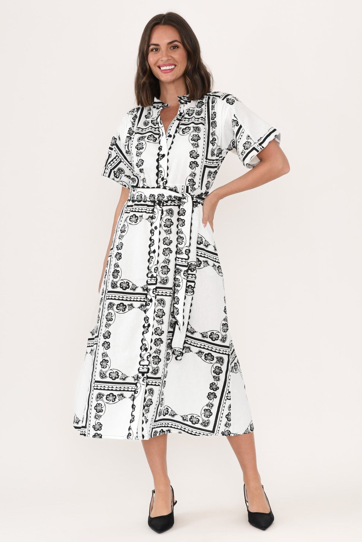 Marilyn White Tile Cotton Tie Dress Back View