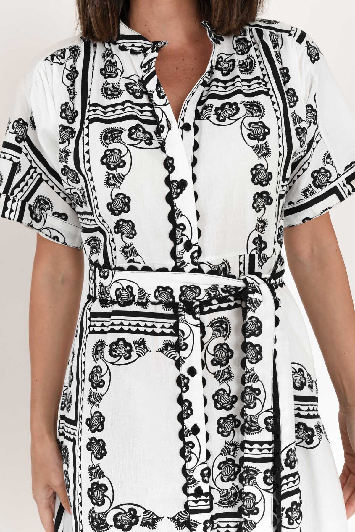Marilyn White Tile Cotton Tie Dress Full Length View