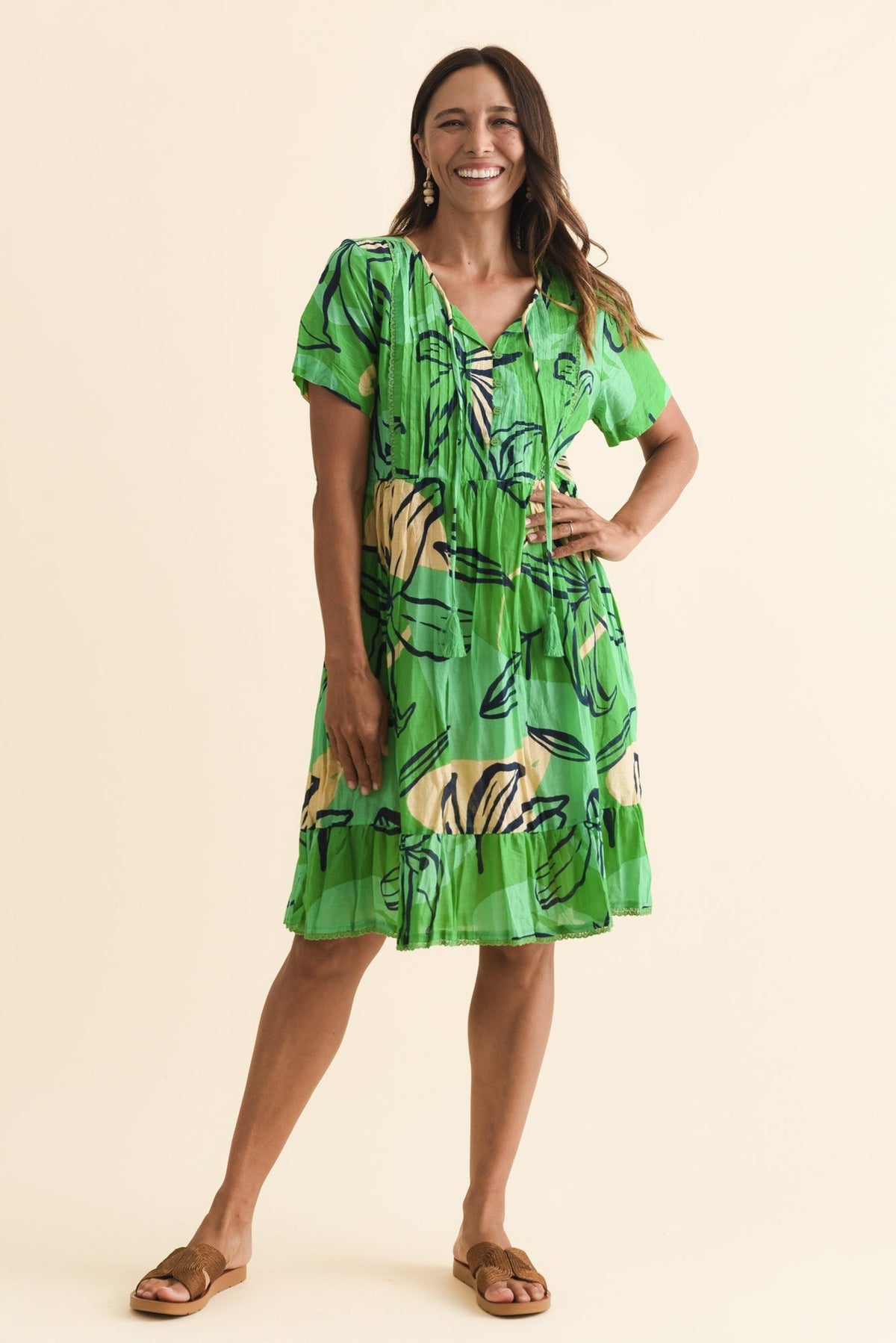 Marisol Green Lily Crinkle Cotton Dress Full Length View