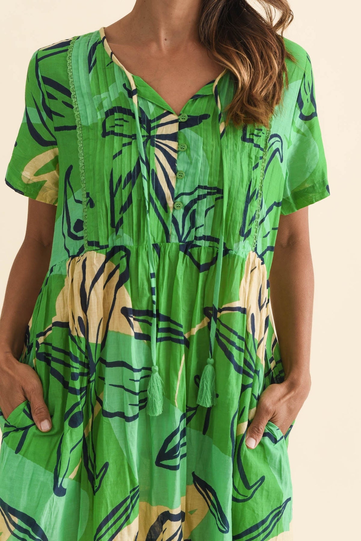Marisol Green Lily Crinkle Cotton Dress Detail View