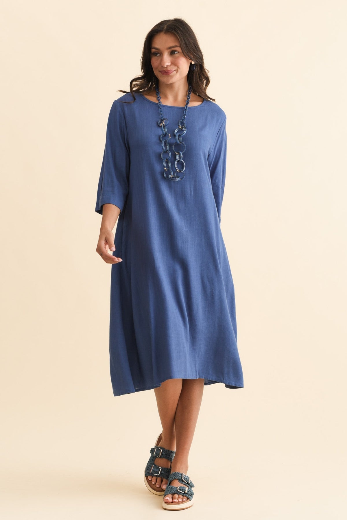 Marley Blue Linen Blend Dress Full Length View