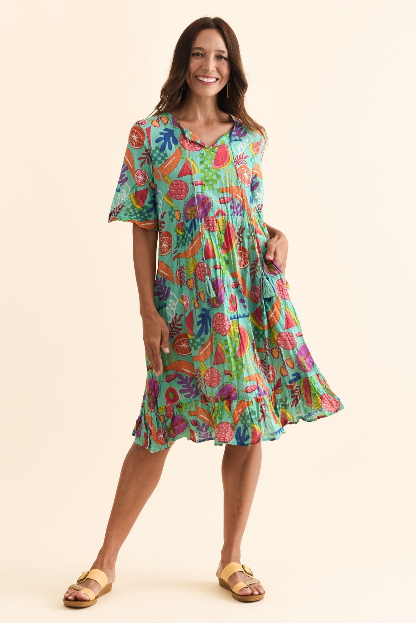 Mila Blue Garden Crinkle Cotton Dress Front View