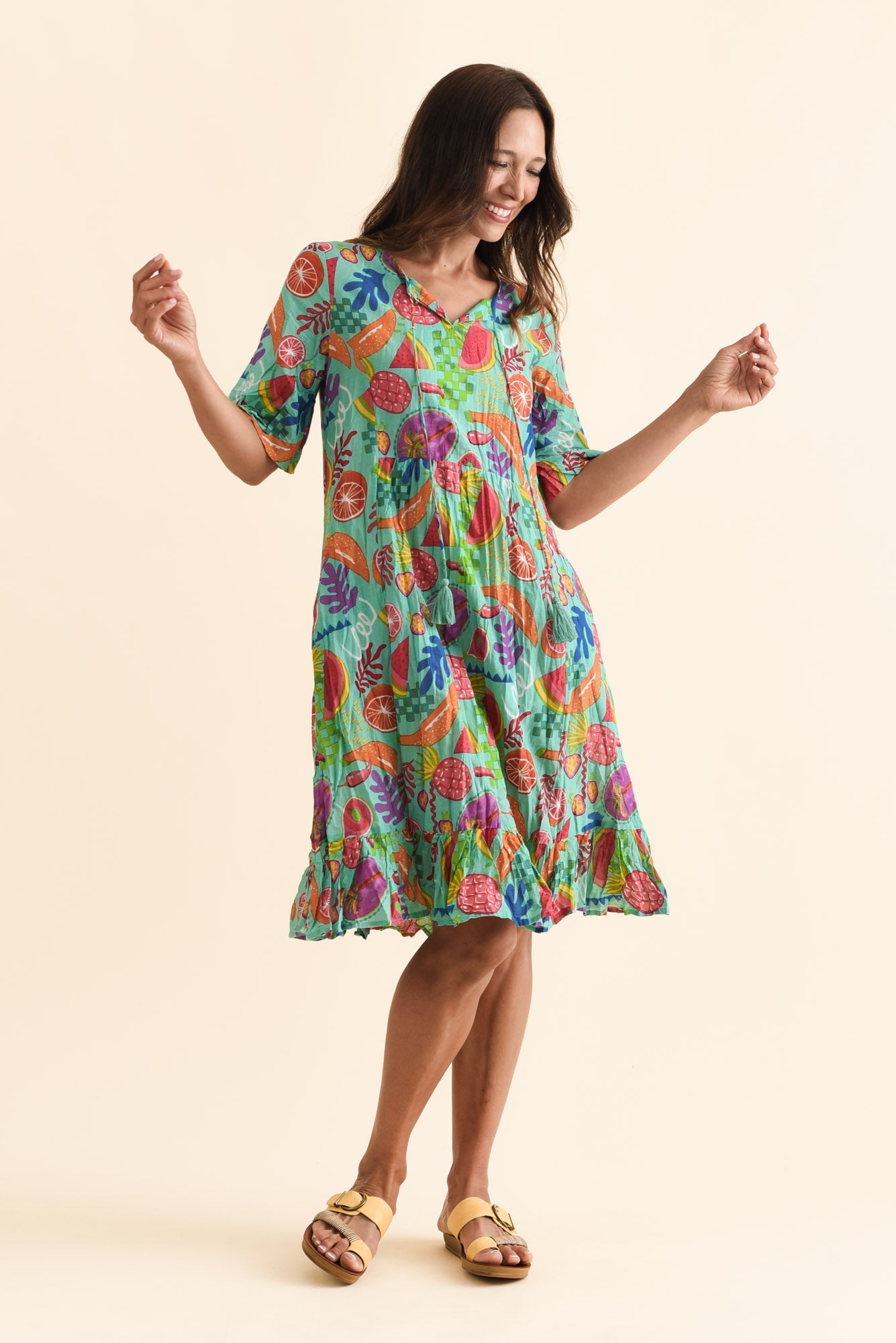 Mila Blue Garden Crinkle Cotton Dress Full Length View