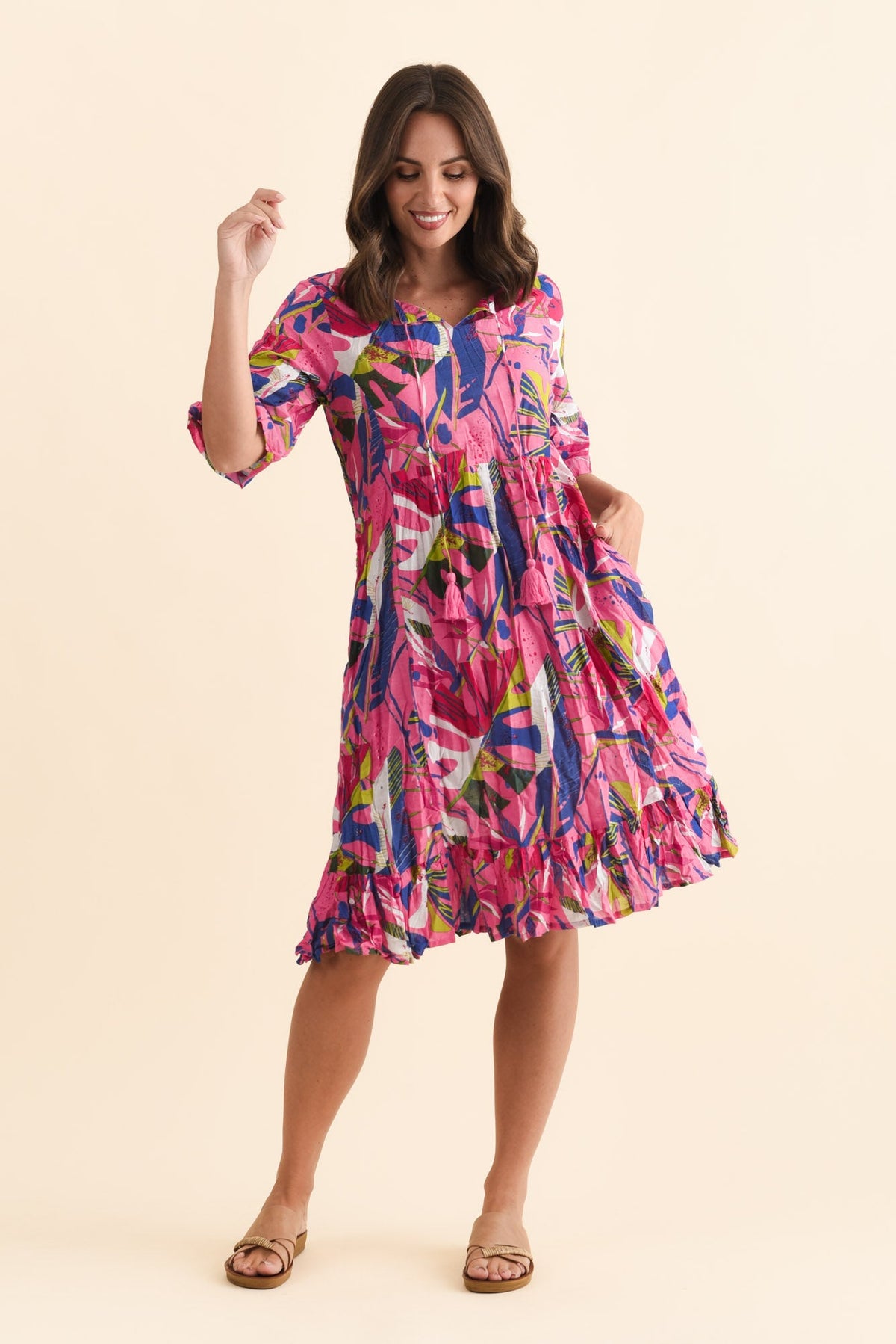 Mila Fuchsia Leaf Crinkle Cotton Dress Front View
