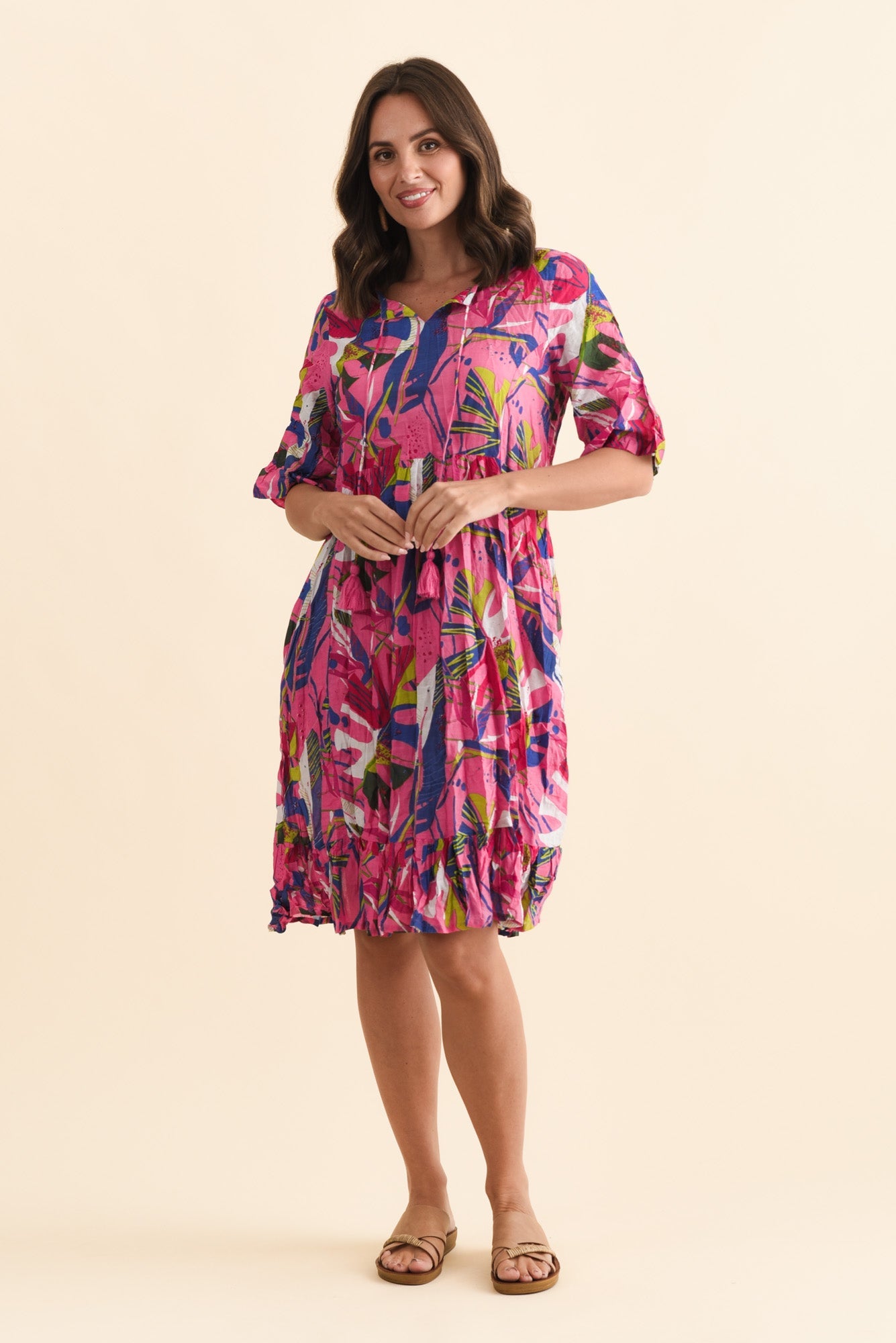 Mila Fuchsia Leaf Crinkle Cotton Dress Full Length View
