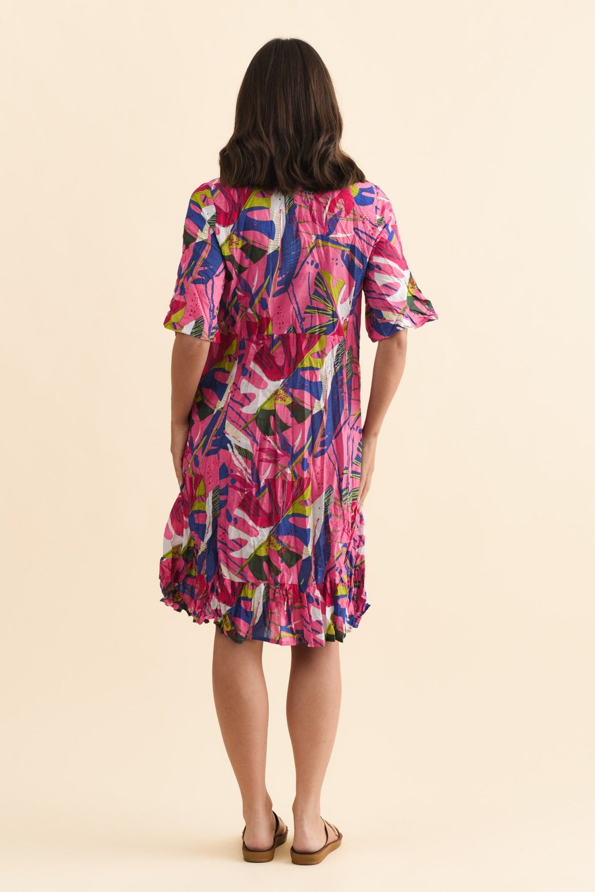 Mila Fuchsia Leaf Crinkle Cotton Dress Side View