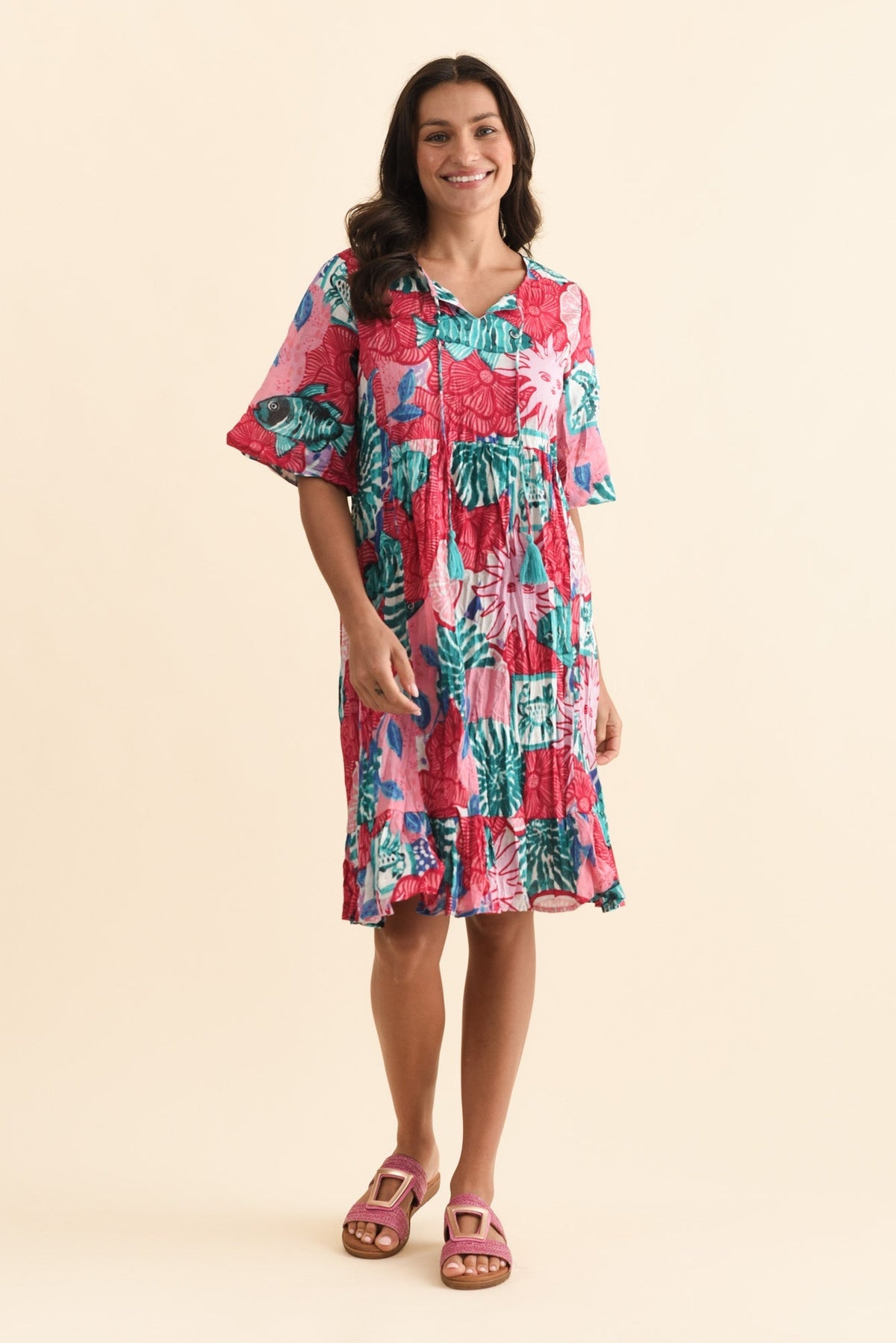 Mila Pink Abstract Crinkle Cotton Dress Front View 2