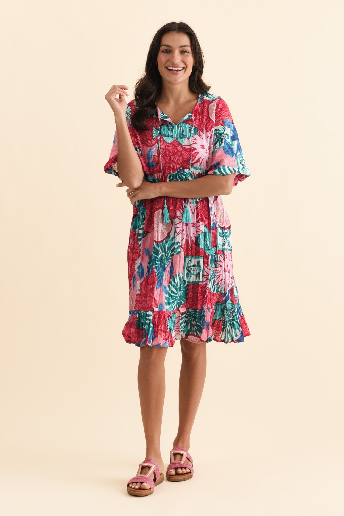 Mila Pink Abstract Crinkle Cotton Dress Full Length View