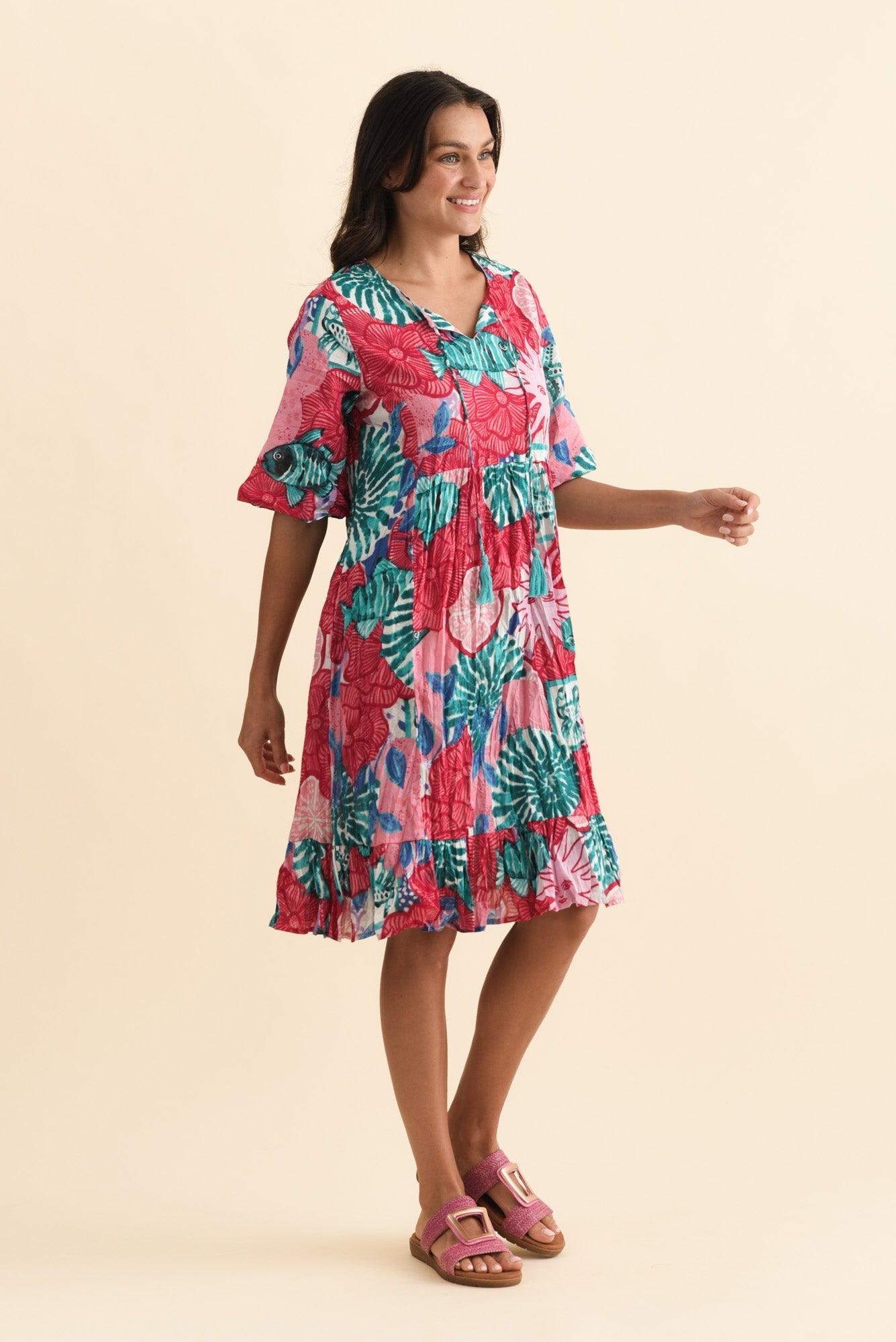 Mila Pink Abstract Crinkle Cotton Dress Side View