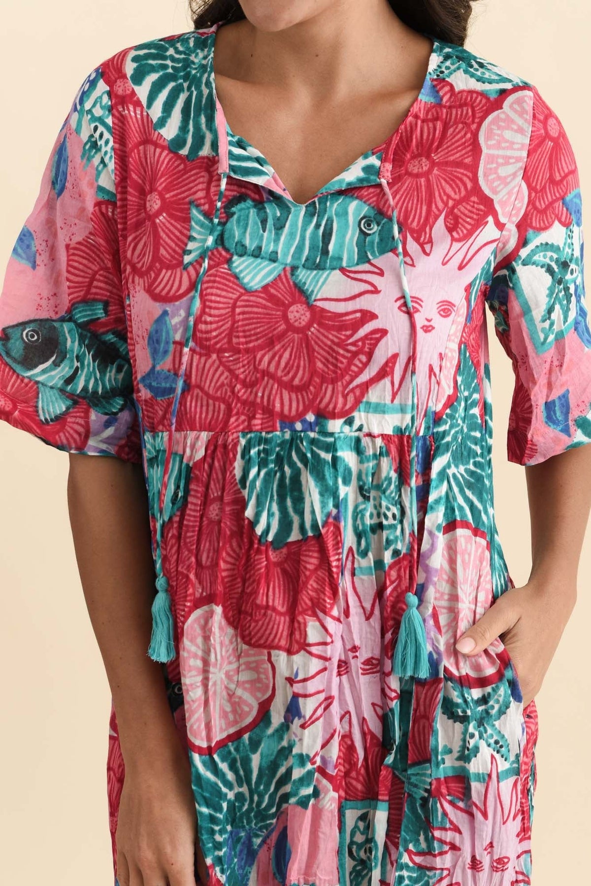 Mila Pink Abstract Crinkle Cotton Dress Detail View