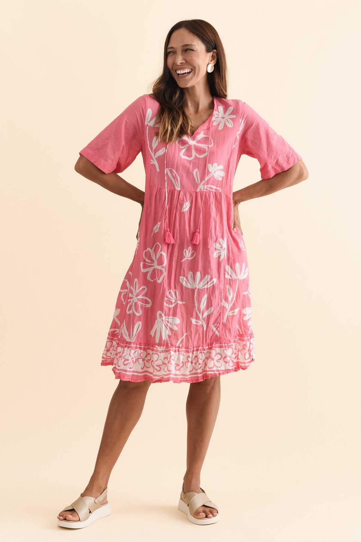 Mila Pink Flower Crinkle Cotton Dress Full Length View