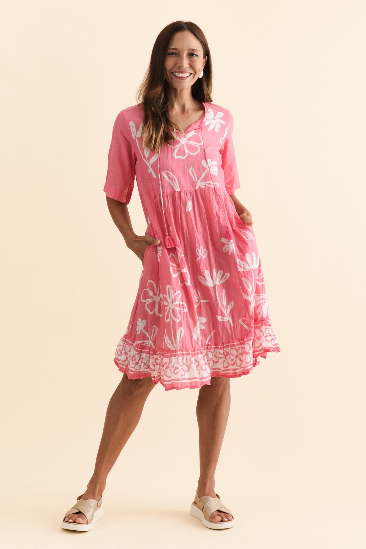 Mila Pink Flower Crinkle Cotton Dress Front View