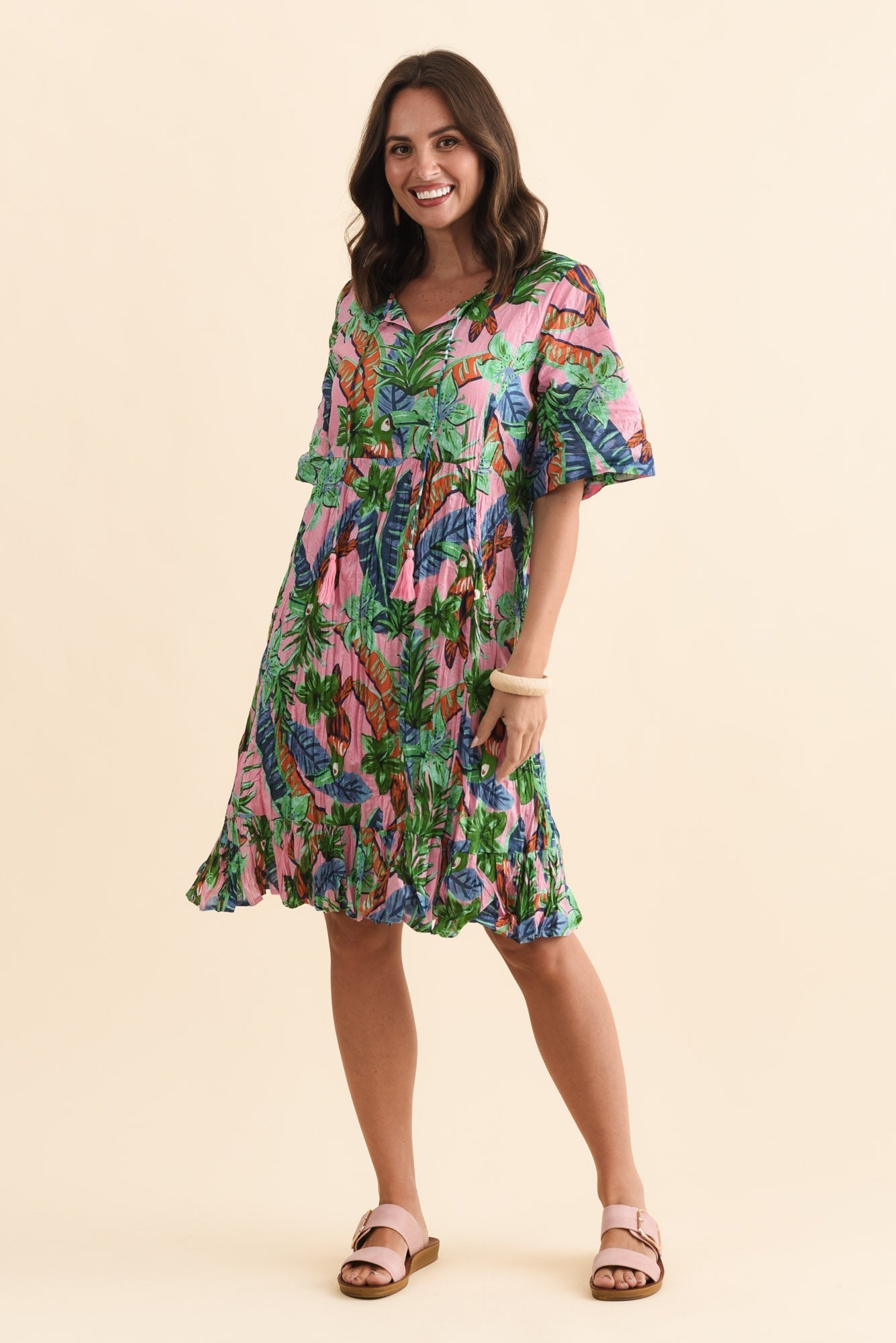 Mila Pink Jungle Crinkle Cotton Dress Full Length View