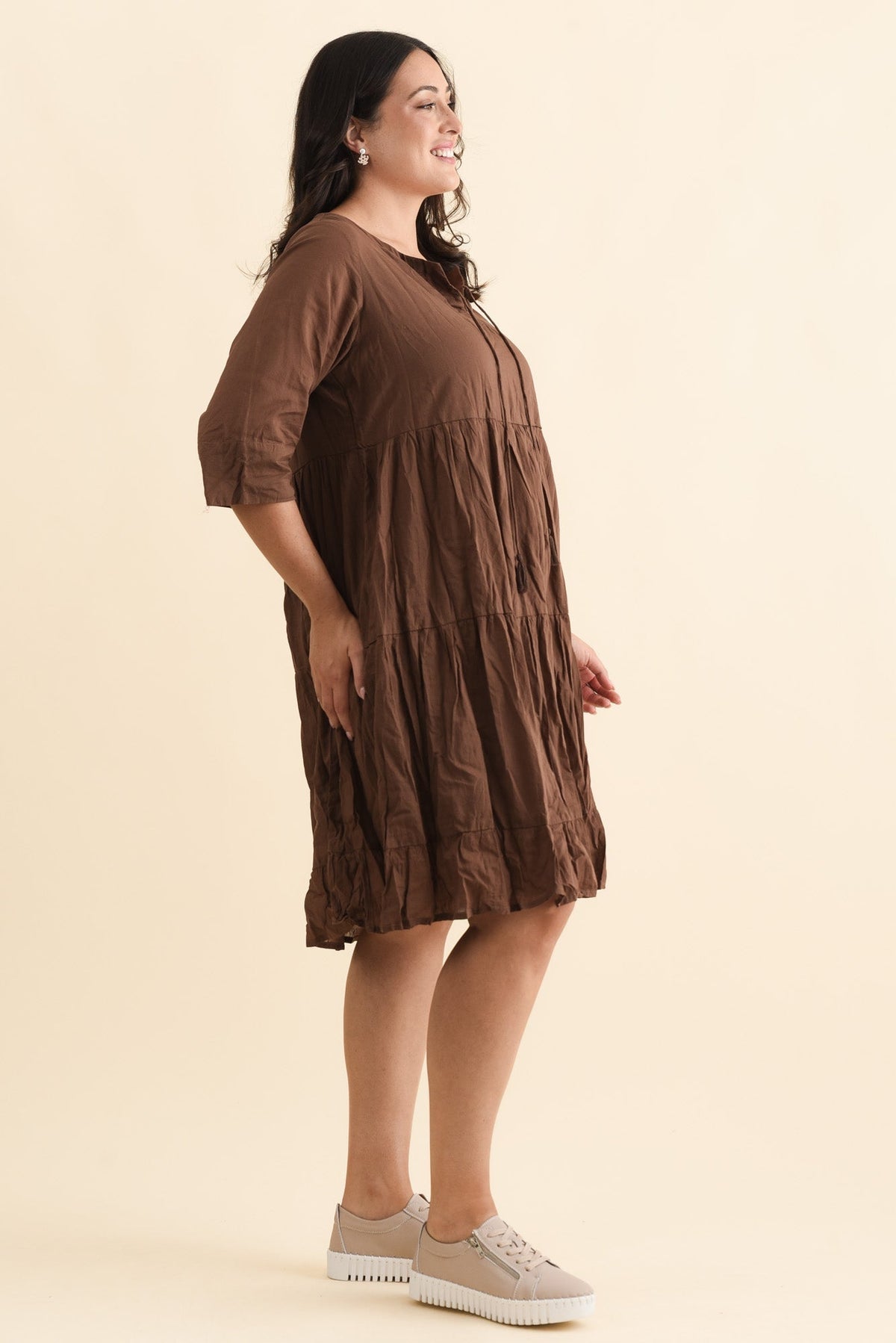 Milana Chocolate Crinkle Cotton Dress Styled View 2