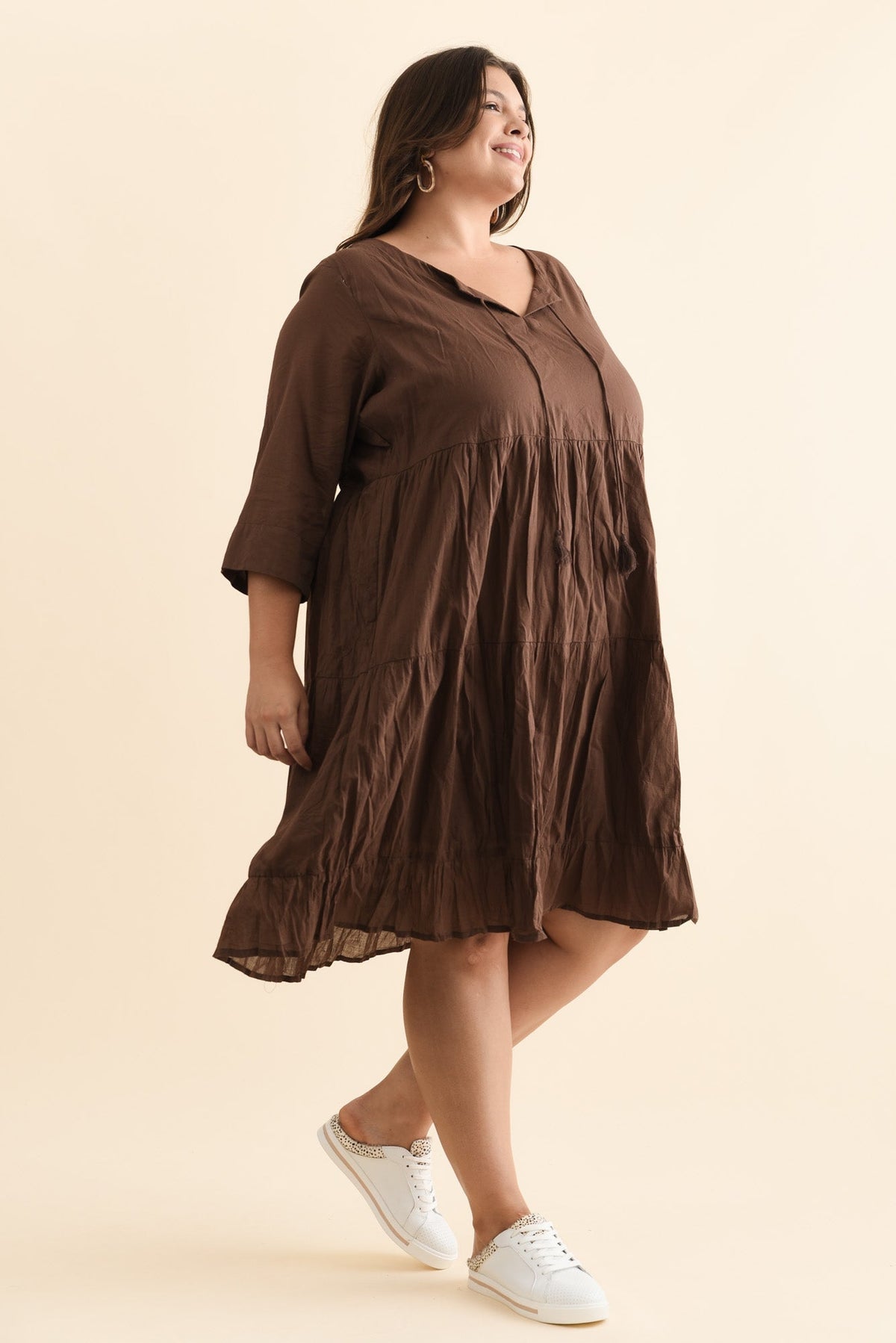 Milana Chocolate Crinkle Cotton Dress Side View 3