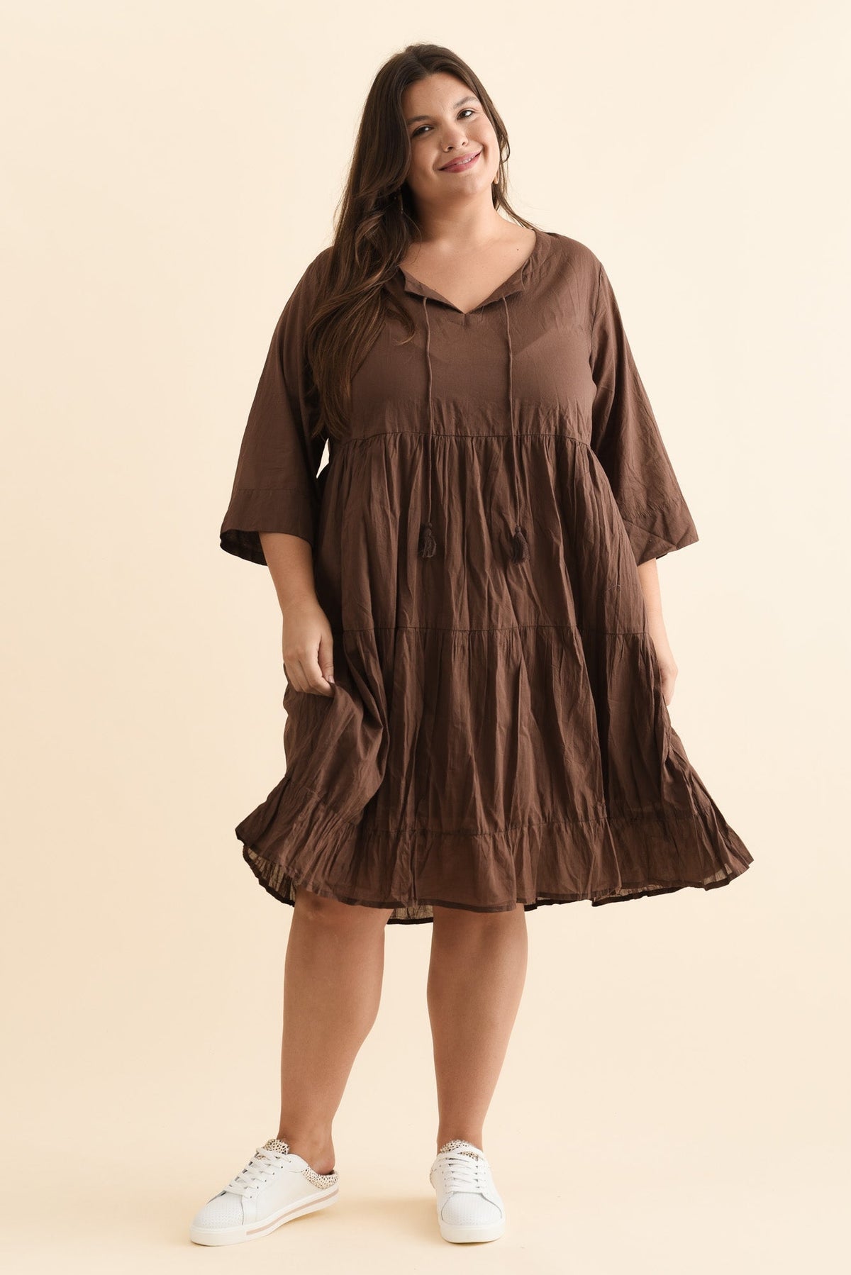 Milana Chocolate Crinkle Cotton Dress Front View 3