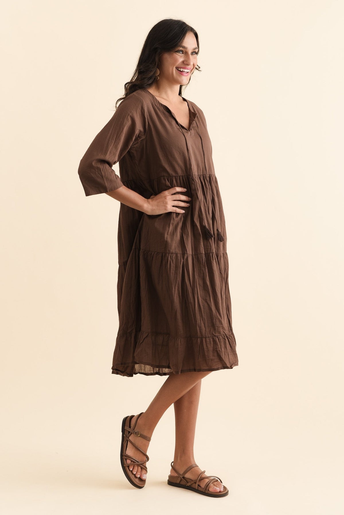 Milana Chocolate Crinkle Cotton Dress Side View