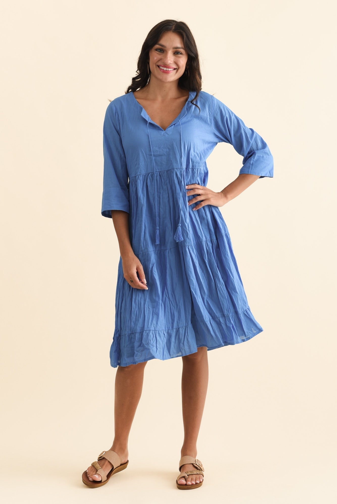 Milana Cobalt Crinkle Cotton Dress Full Length View