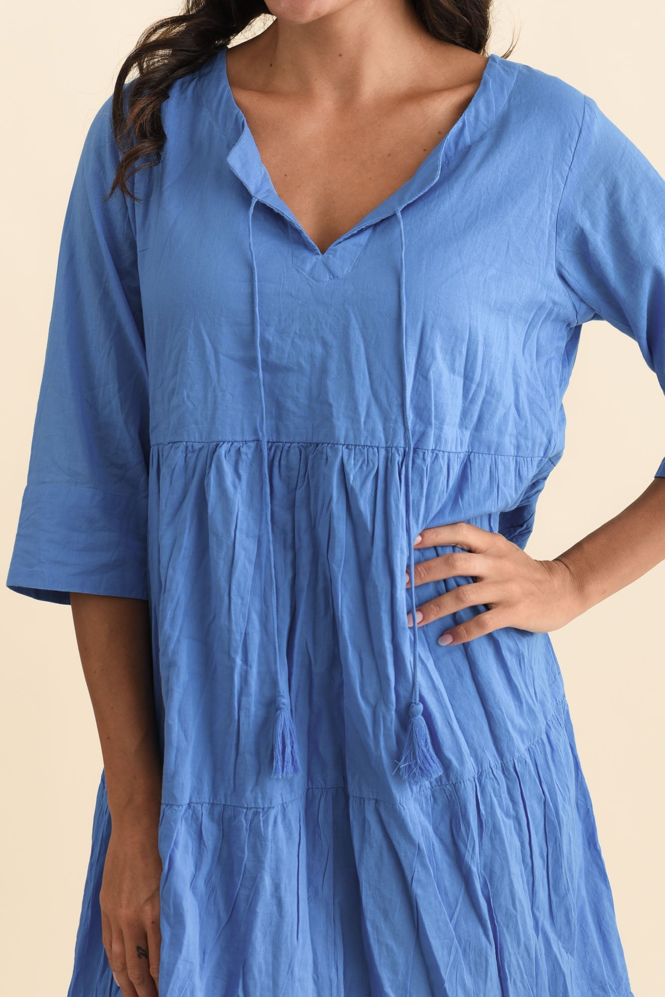 Milana Cobalt Crinkle Cotton Dress Detail View