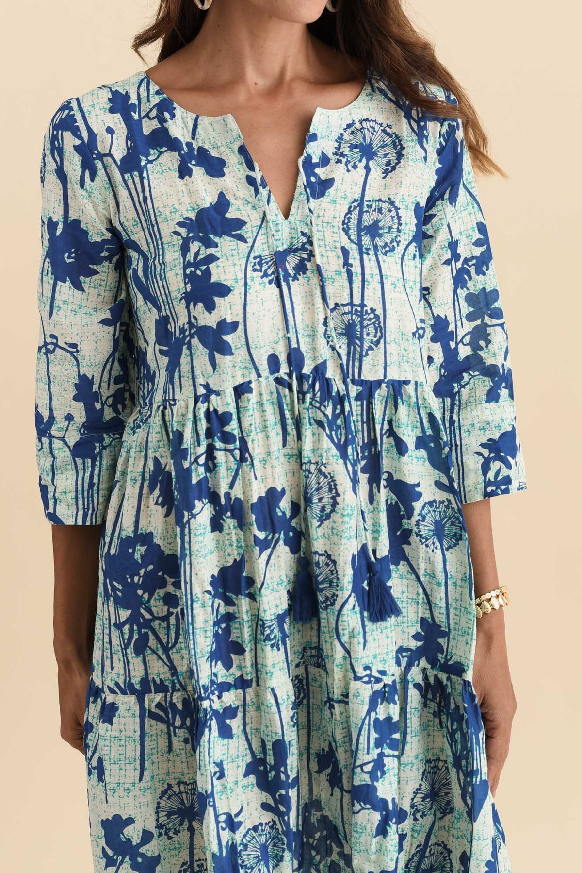 Milana Cobalt Dandelion Crinkle Cotton Dress Full Length View