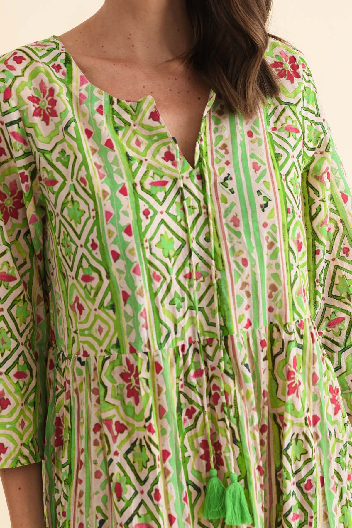 Milana Green Abstract Crinkle Cotton Dress Full Length View
